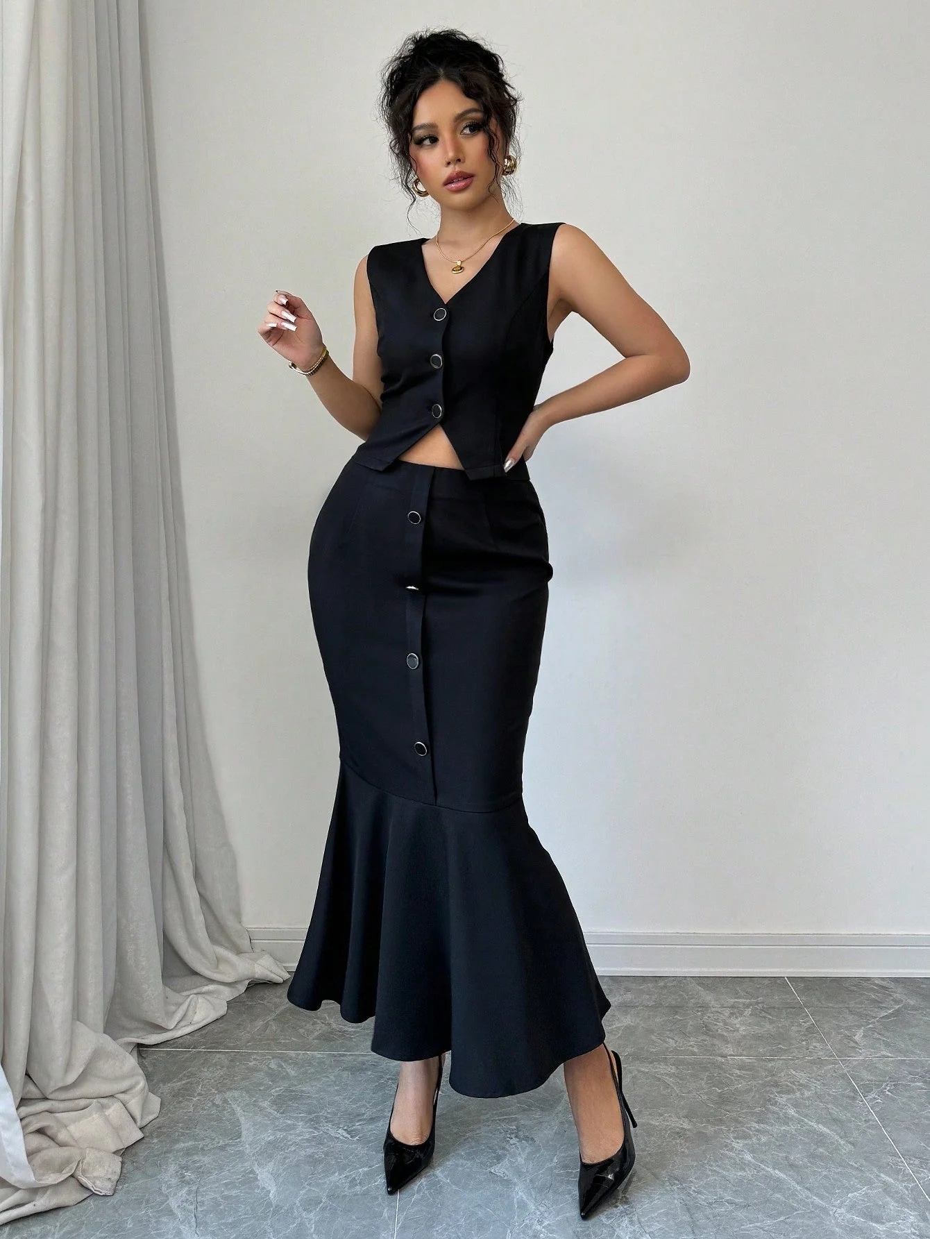Women's Solid Color Single Breasted Vest And Fish Hem 2 Piece Set, Elegant - Image 6