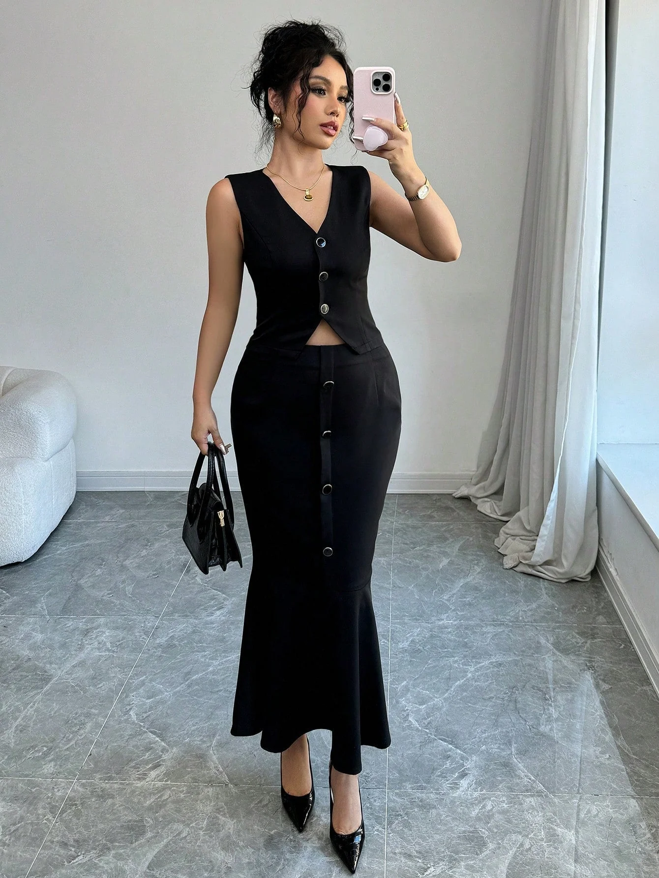 Women's Solid Color Single Breasted Vest And Fish Hem 2 Piece Set, Elegant - Image 7