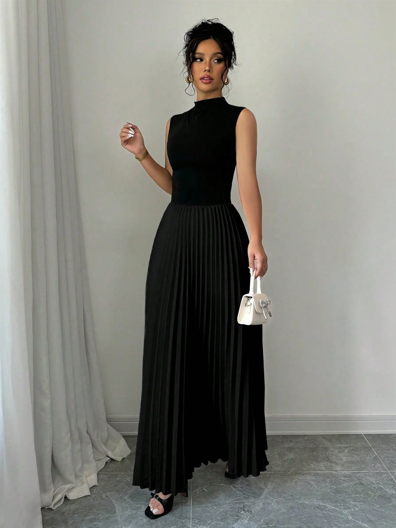 Women's Solid Color Standup Collar Pleated Hem Sleeveless Elegant Dress Maxi Women Outfit - Image 3