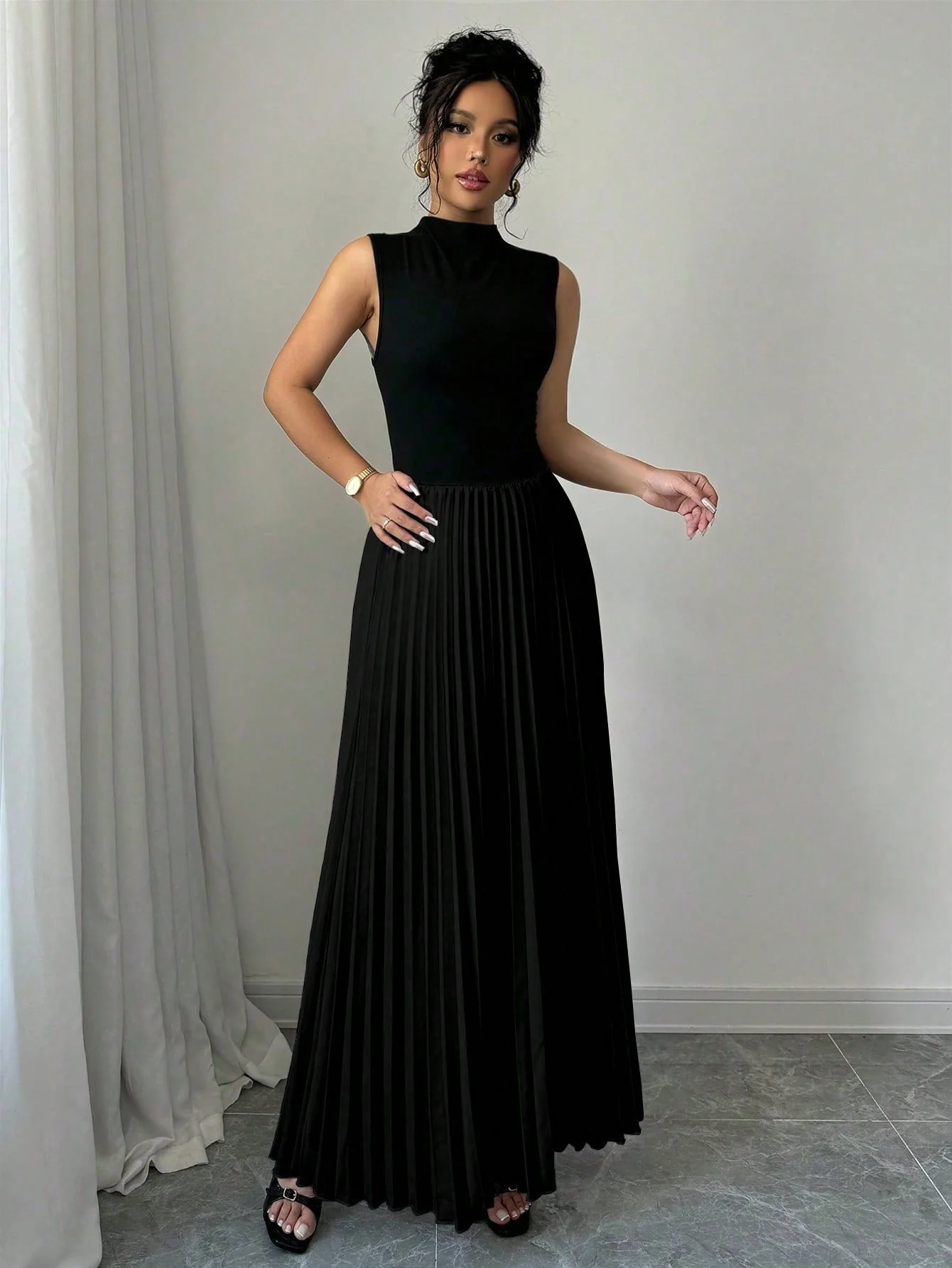 Women's Solid Color Standup Collar Pleated Hem Sleeveless Elegant Dress Maxi Women Outfit - Image 5