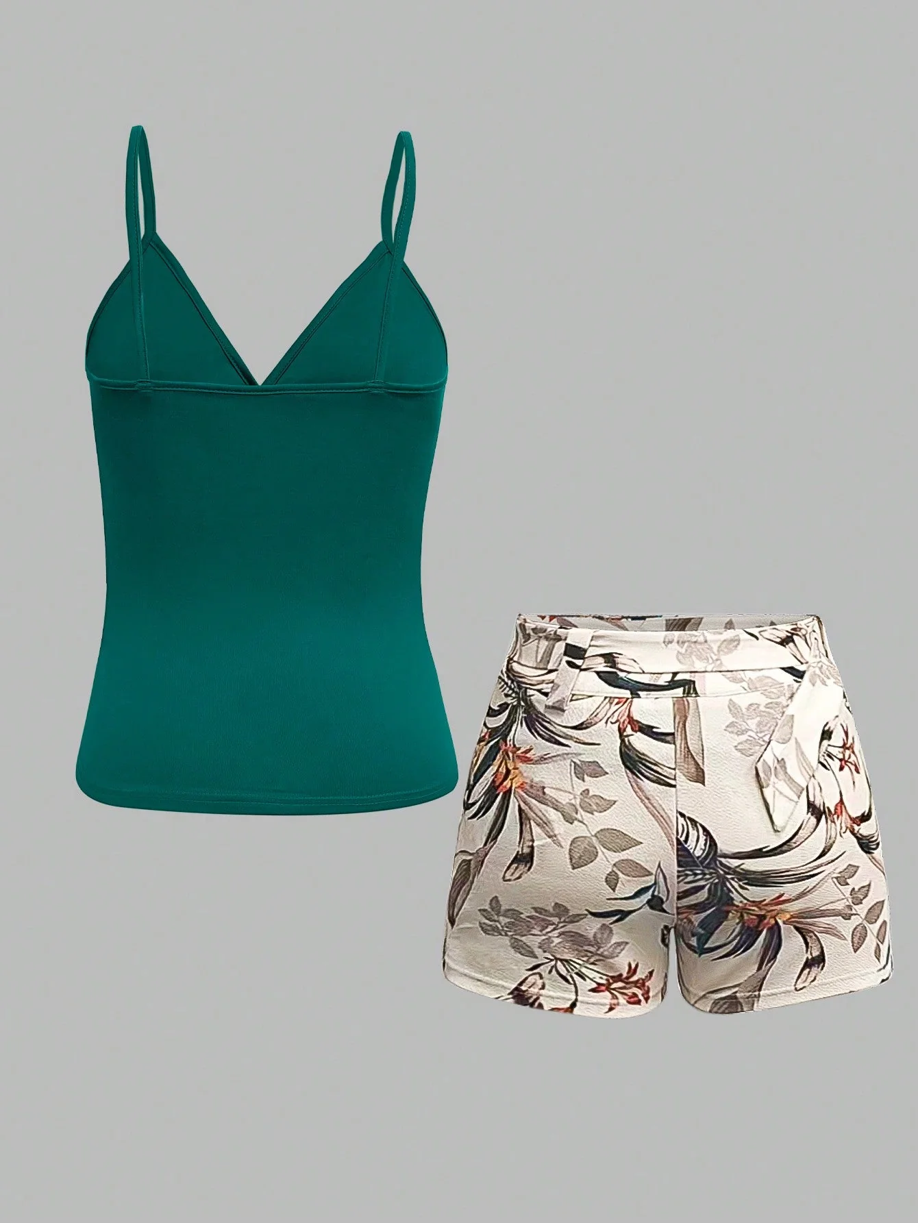 Women's Solid Color Tank Top And Botanical Print Shorts 2 Pieces Set - Image 3