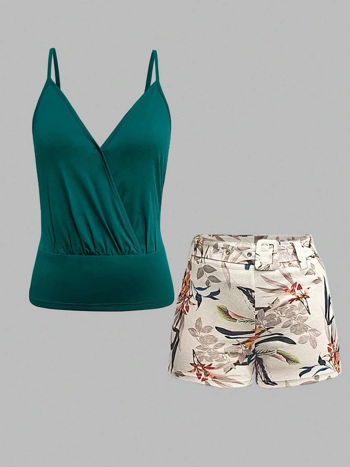 Women's Solid Color Tank Top And Botanical Print Shorts 2 Pieces Set - Image 4
