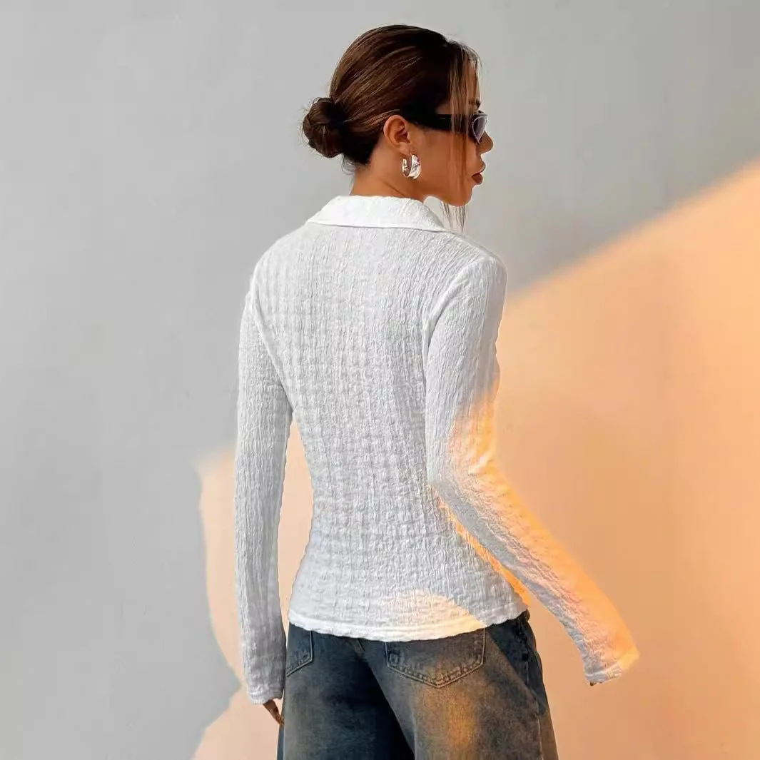 Women's solid color texture long-sleeved fashion shirt top women - Image 2