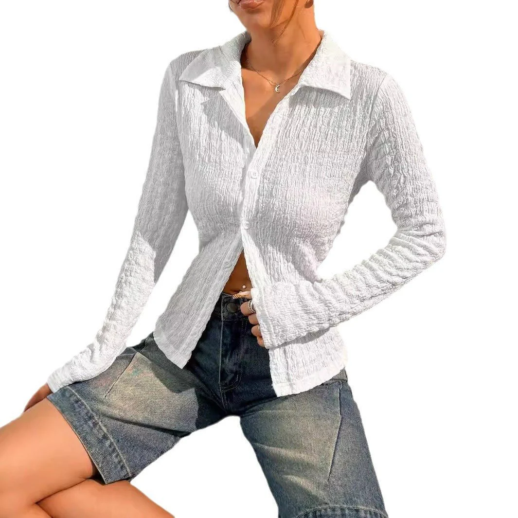 Women's solid color texture long-sleeved fashion shirt top women - Image 5