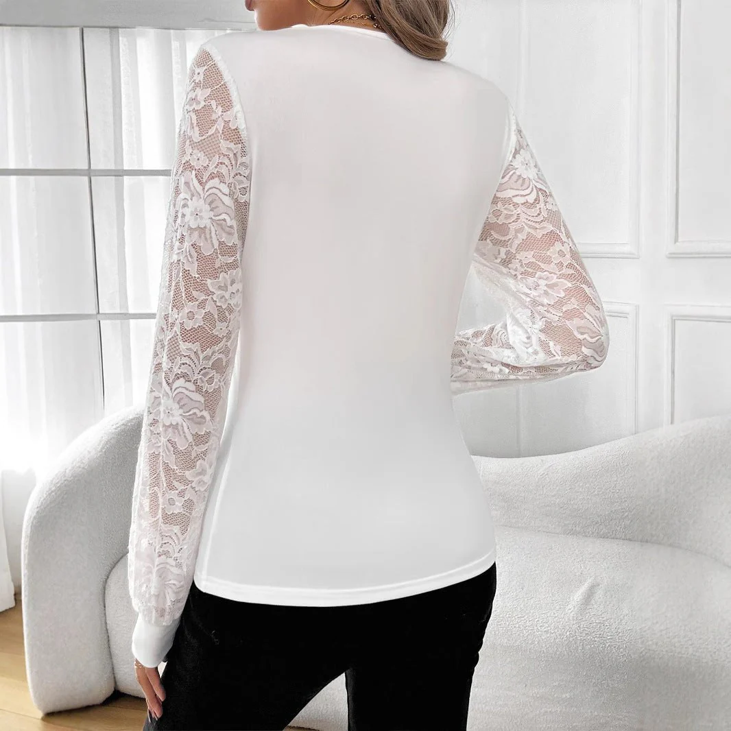 Women's solid color V-neck lace splicing hot rhinestone lantern sleeve T-shirt - Image 2