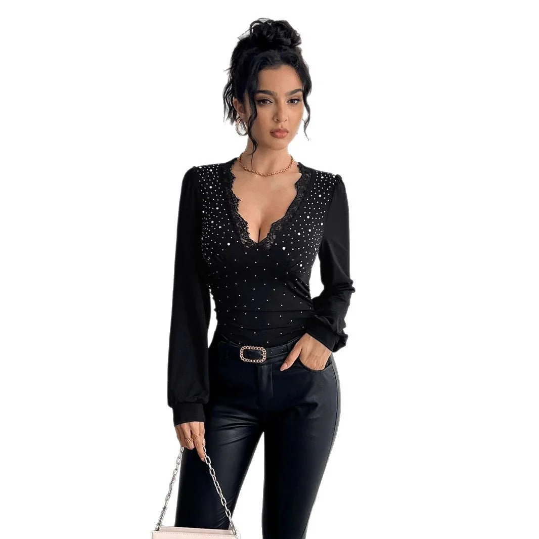 Women's solid color V-neck lace splicing hot rhinestone side pleated T-shirt - Image 5
