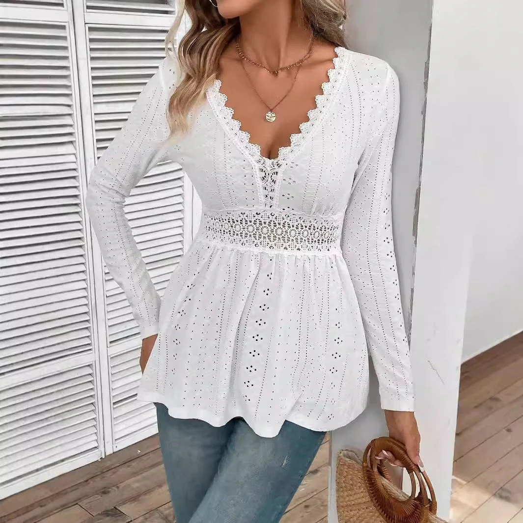 Women's solid color V-neck splicing lace long-sleeved T-shirt top women's clothing