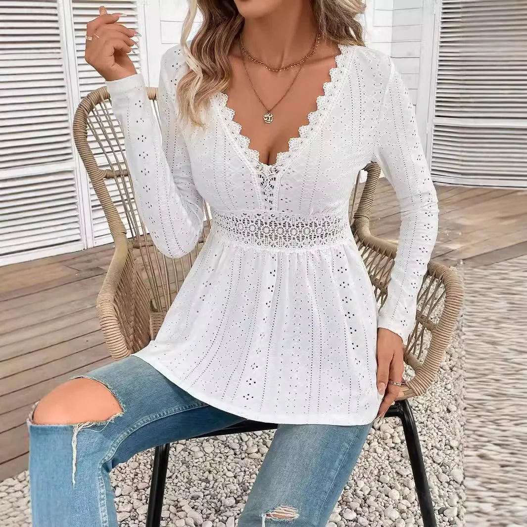 Women's solid color V-neck splicing lace long-sleeved T-shirt top women's clothing - Image 4