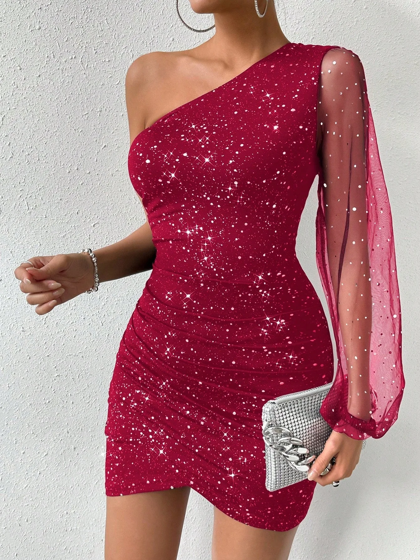 Women's Spring Summer Party Sequin Mesh Sheer Sleeve Metallic Fabric Bodycon One Shoulder Dress For New Year Clothes Red Glitter Dressred Sparkly Dressone Shoulder Dressred Sequin Dressglitz And Glam Dress - Image 7