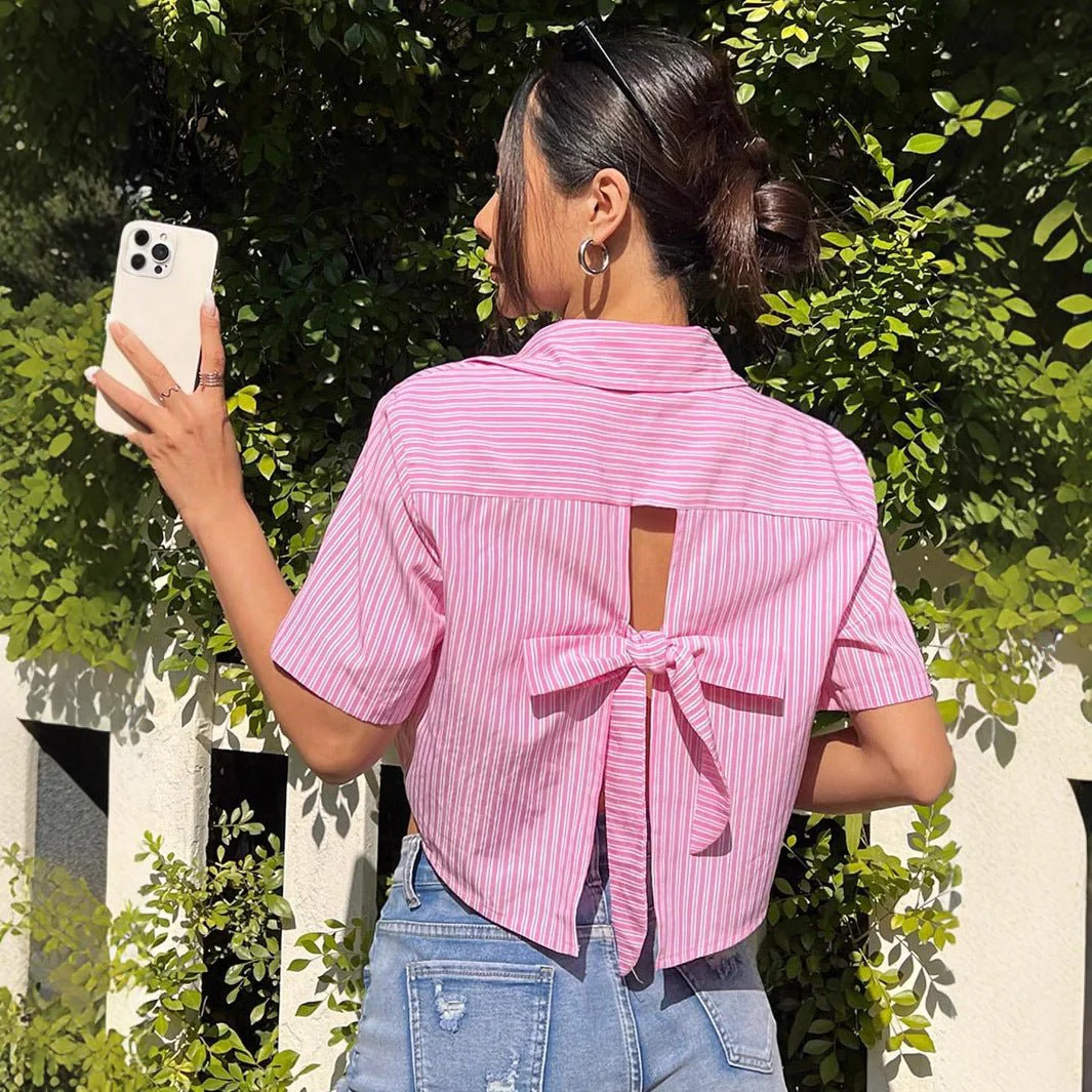 Women's striped bow back casual vacation short-sleeved shirt - Image 2