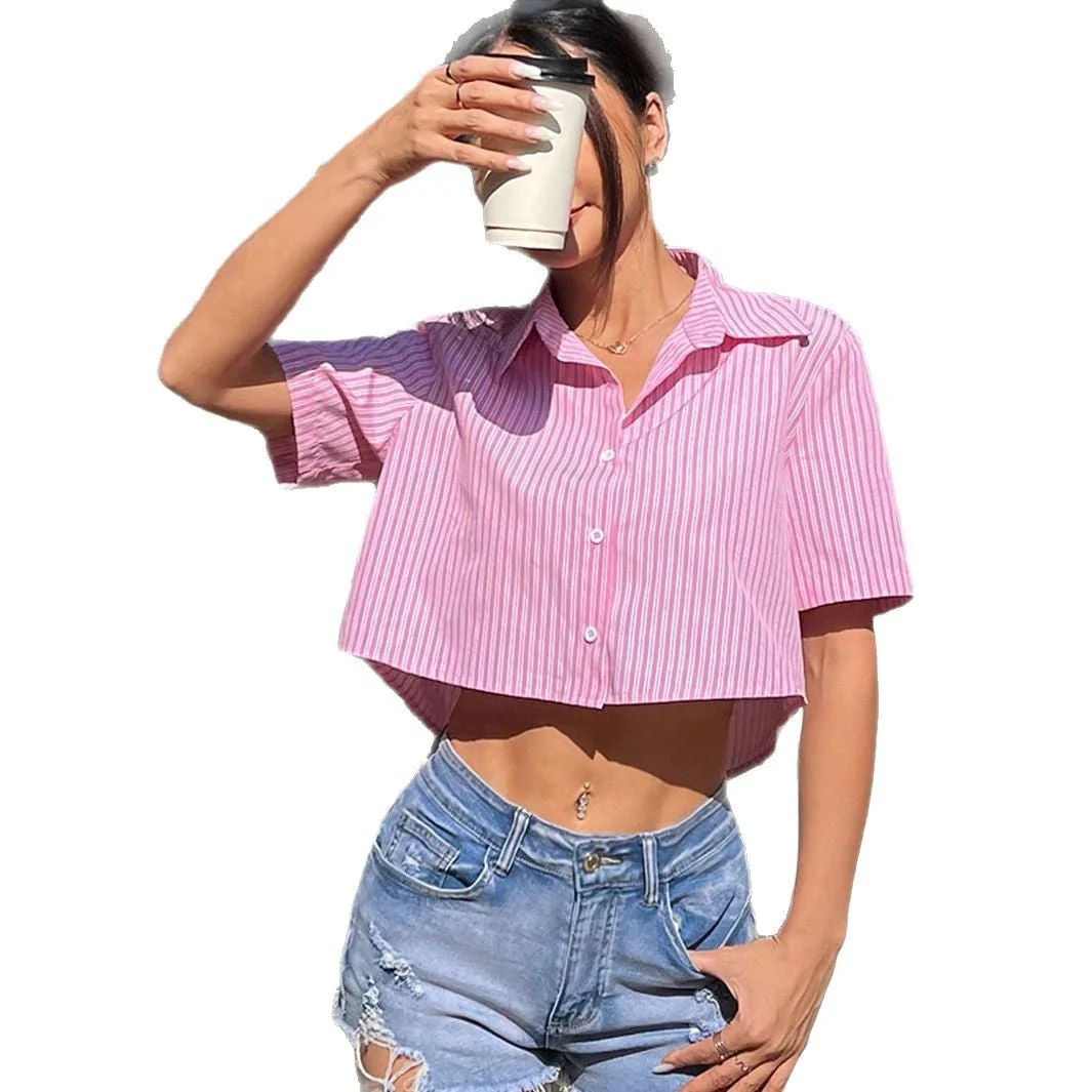 Women's striped bow back casual vacation short-sleeved shirt - Image 5