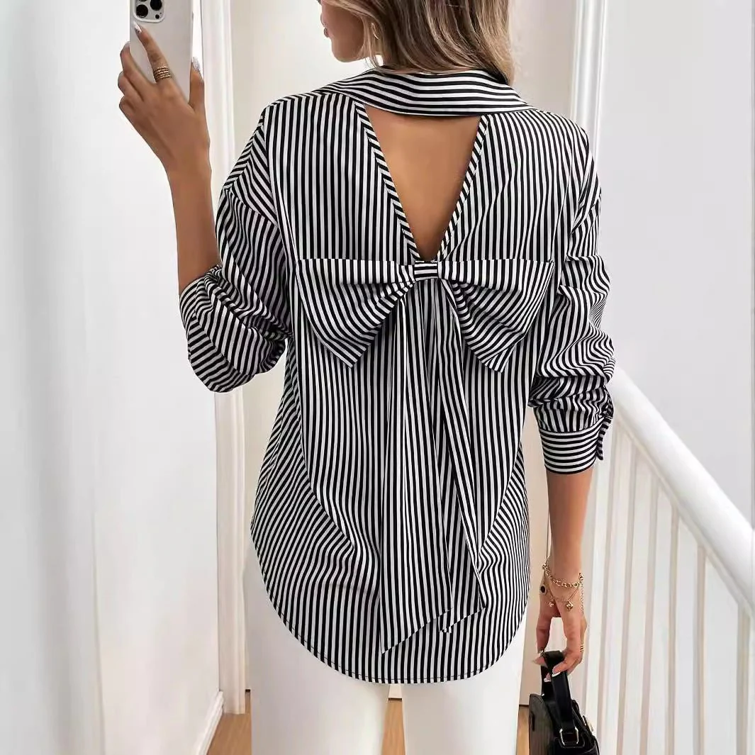 Women's striped printed back bow front button long-sleeved shirt
