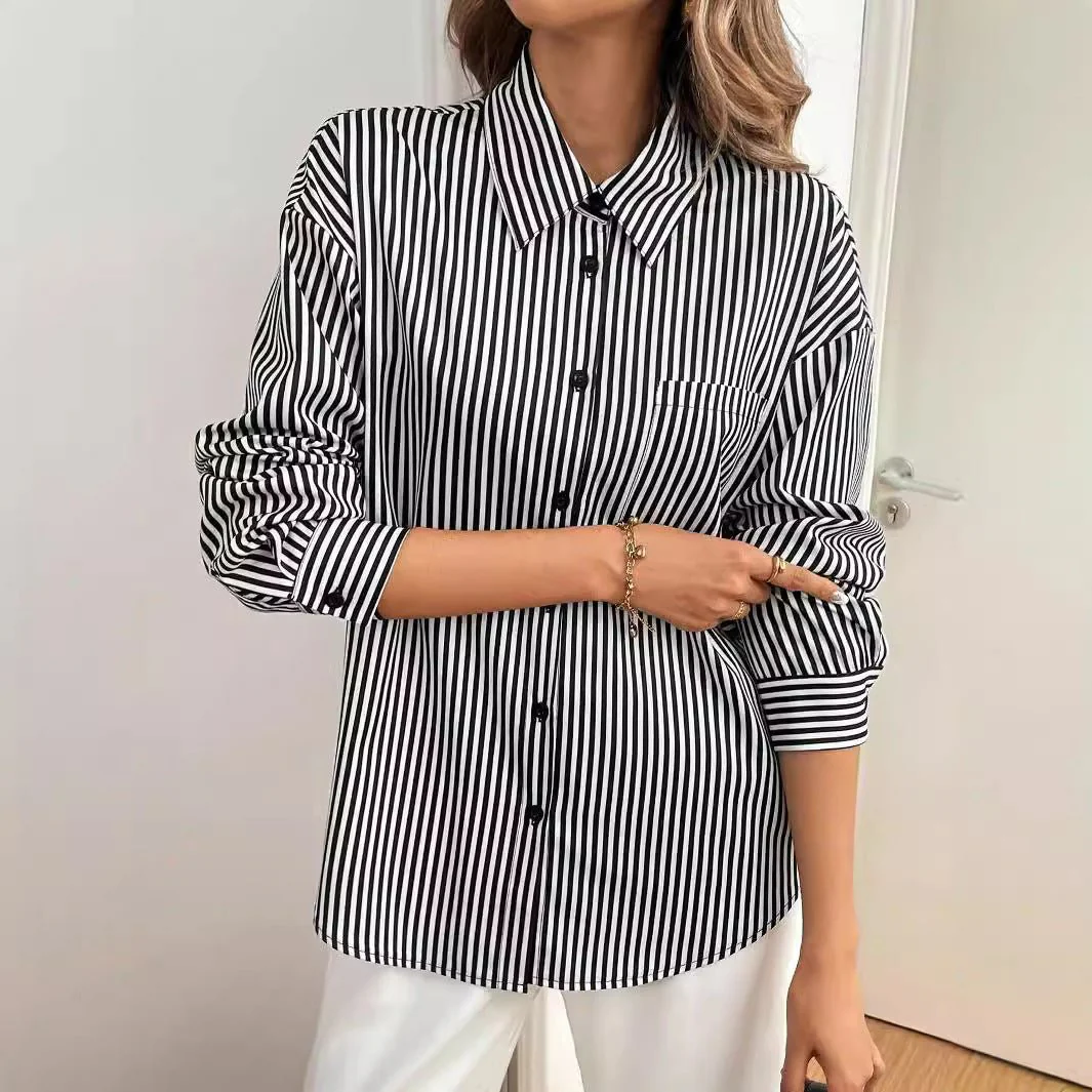 Women's striped printed back bow front button long-sleeved shirt - Image 2