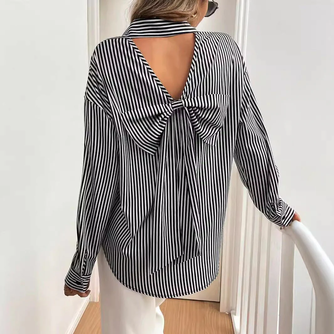 Women's striped printed back bow front button long-sleeved shirt - Image 3