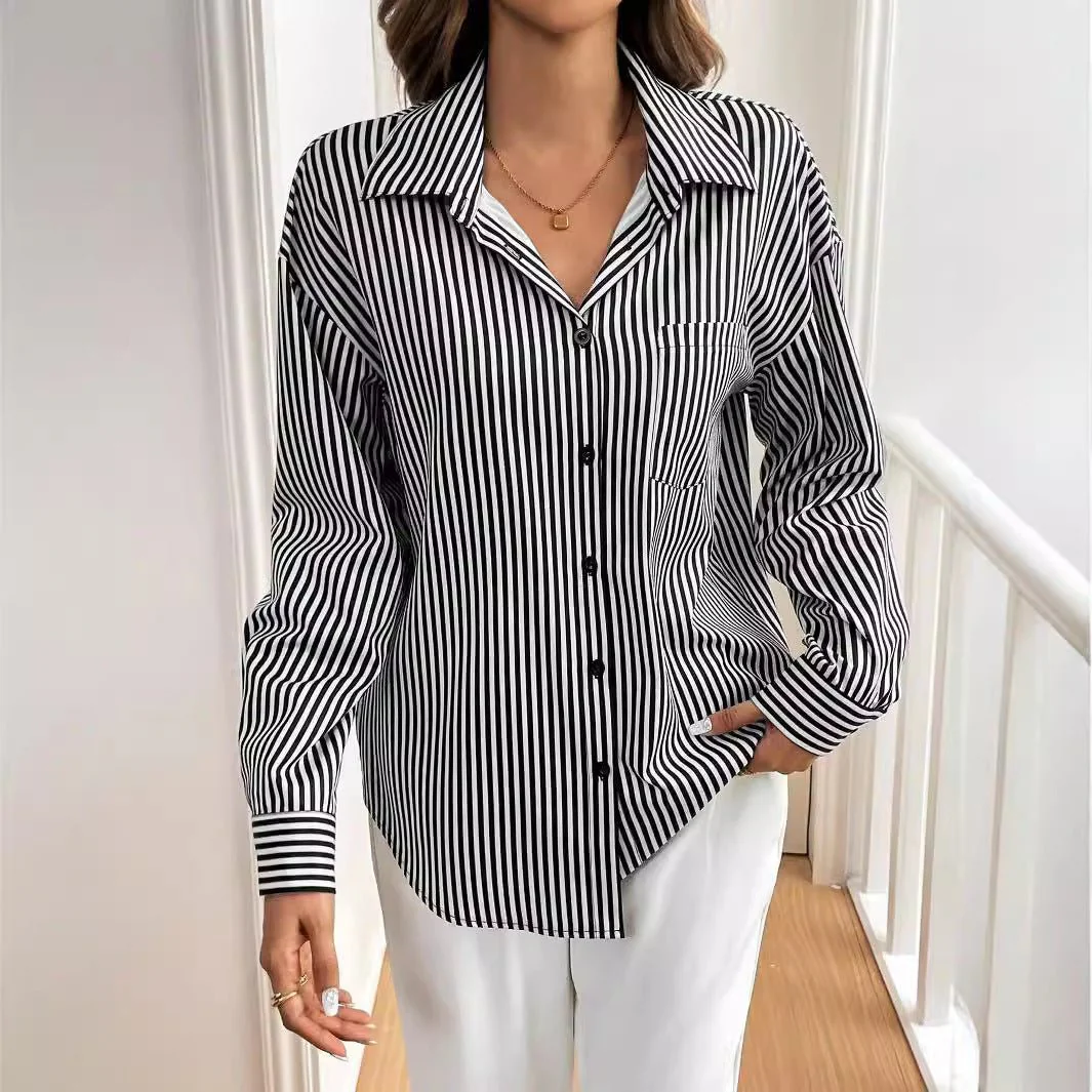 Women's striped printed back bow front button long-sleeved shirt - Image 4
