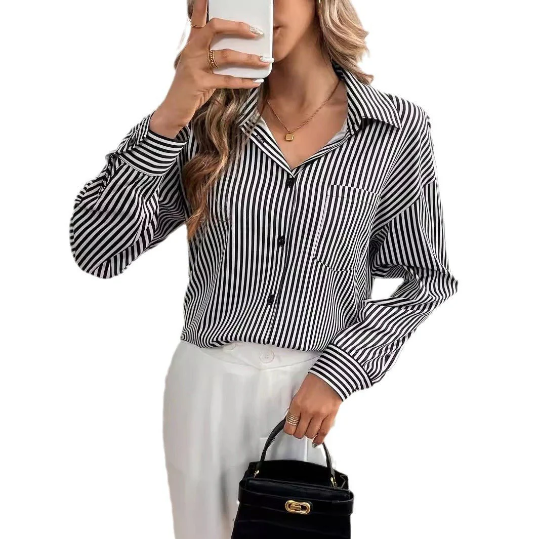 Women's striped printed back bow front button long-sleeved shirt - Image 5