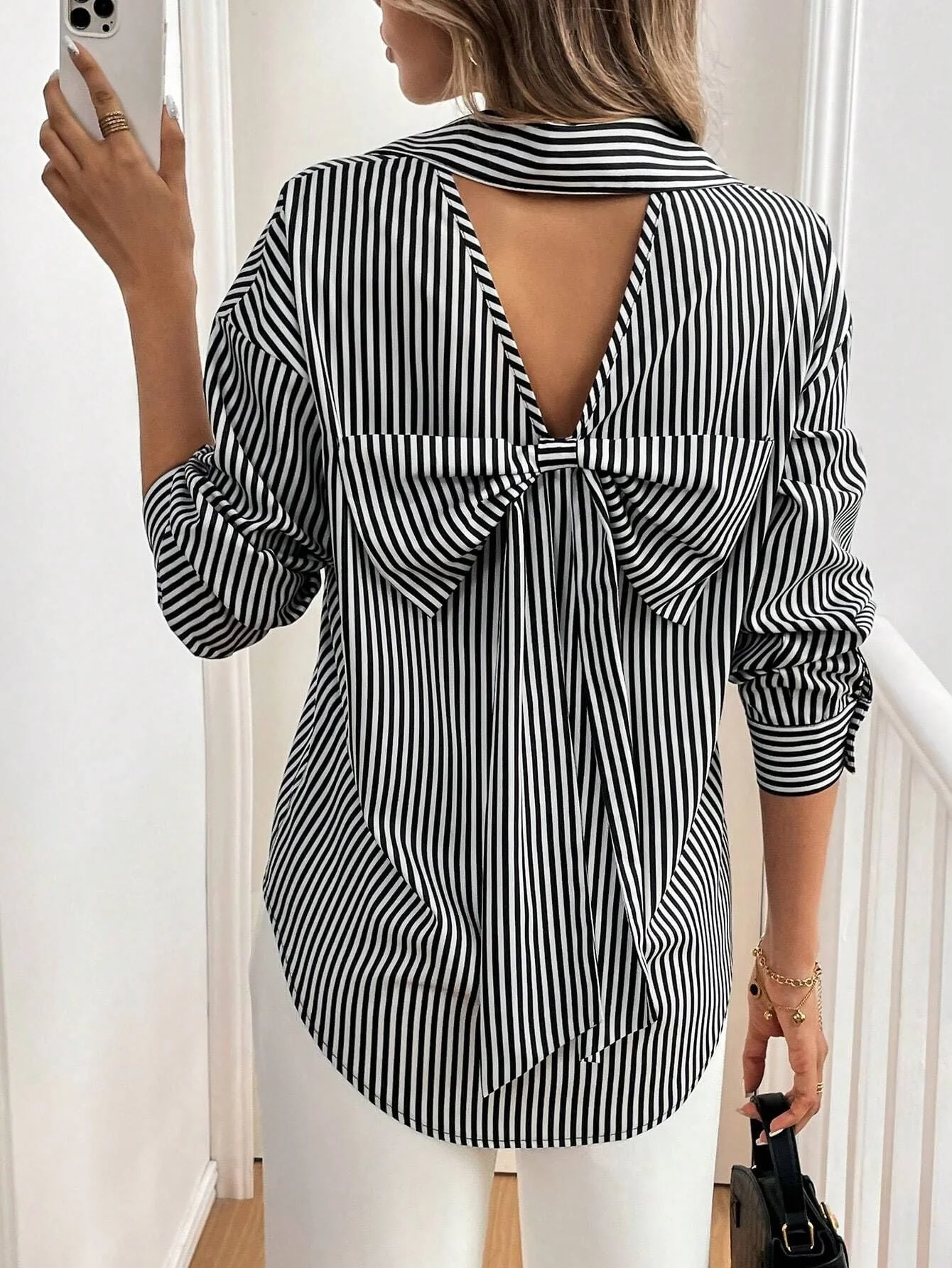 Women's striped printed back bow front button long-sleeved shirt - Image 6