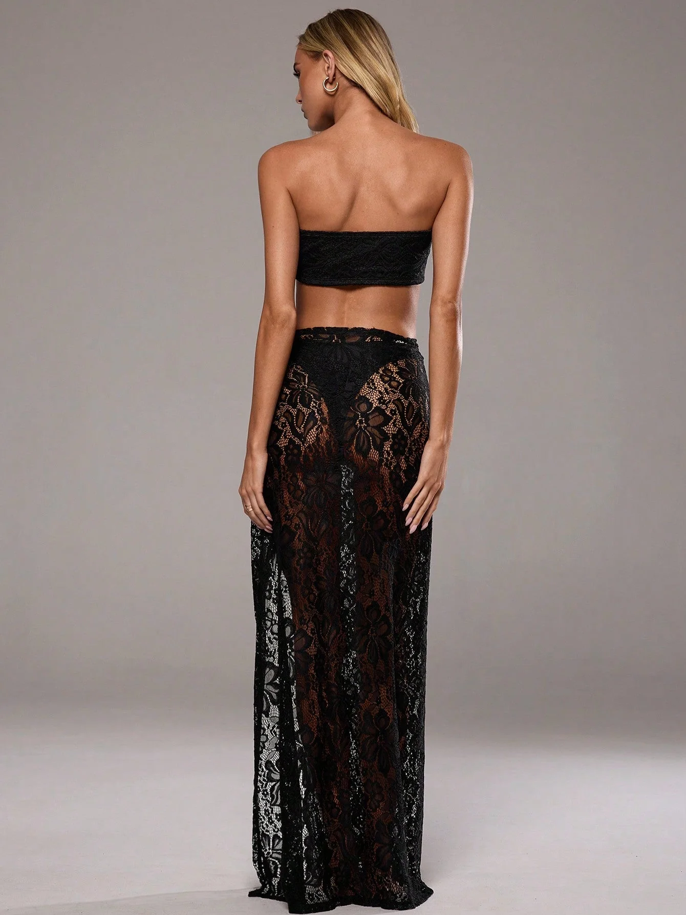 Women's Summer Beach Sxy Black Lace Bandeau Top With Tie Front And High Slit Skirt Two-Piece Outfit - Image 3