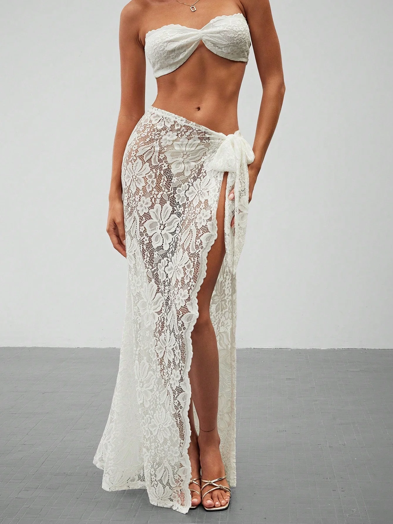 Women's Summer Beach Sxy Black Lace Bandeau Top With Tie Front And High Slit Skirt Two-Piece Outfit - Image 9