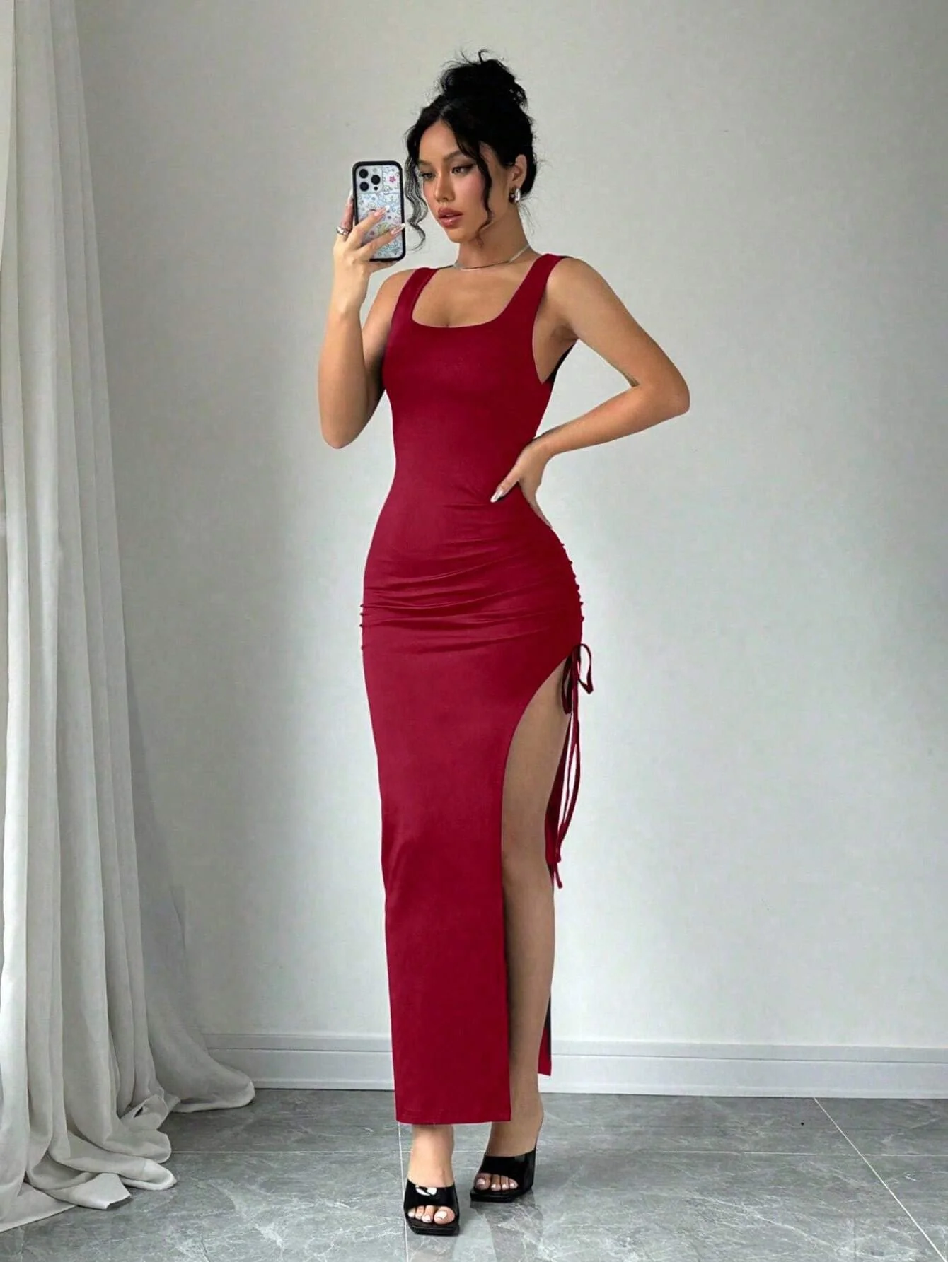 Women's Summer Casual Side Drawstring High Slit Knit Bodycon Dress - Image 11