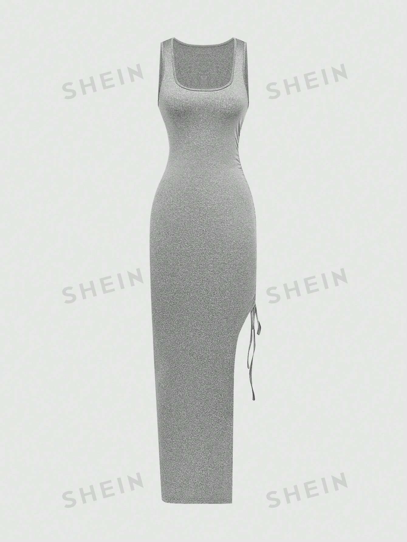 Women's Summer Casual Side Drawstring High Slit Knit Bodycon Dress - Image 4