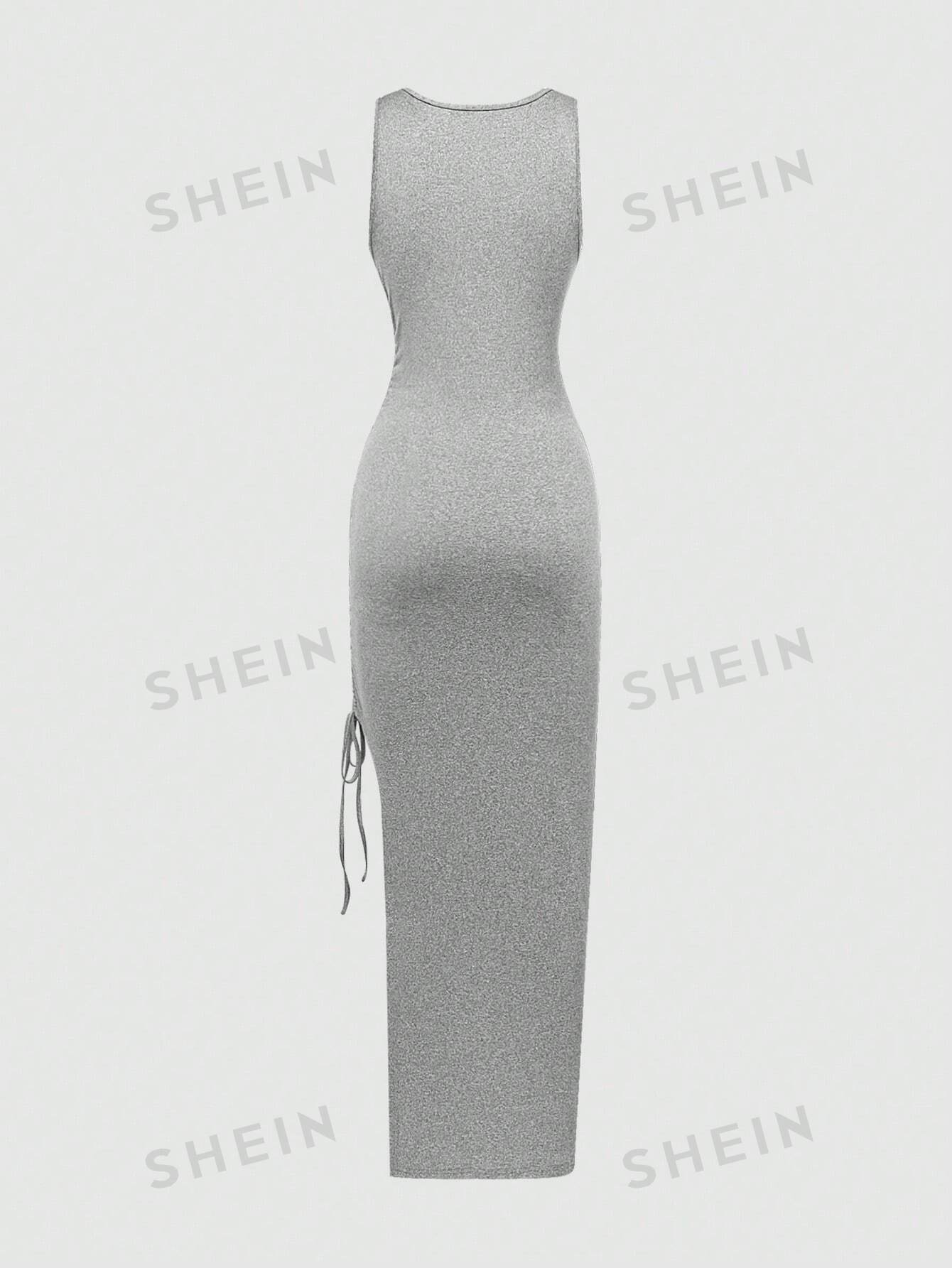 Women's Summer Casual Side Drawstring High Slit Knit Bodycon Dress - Image 5