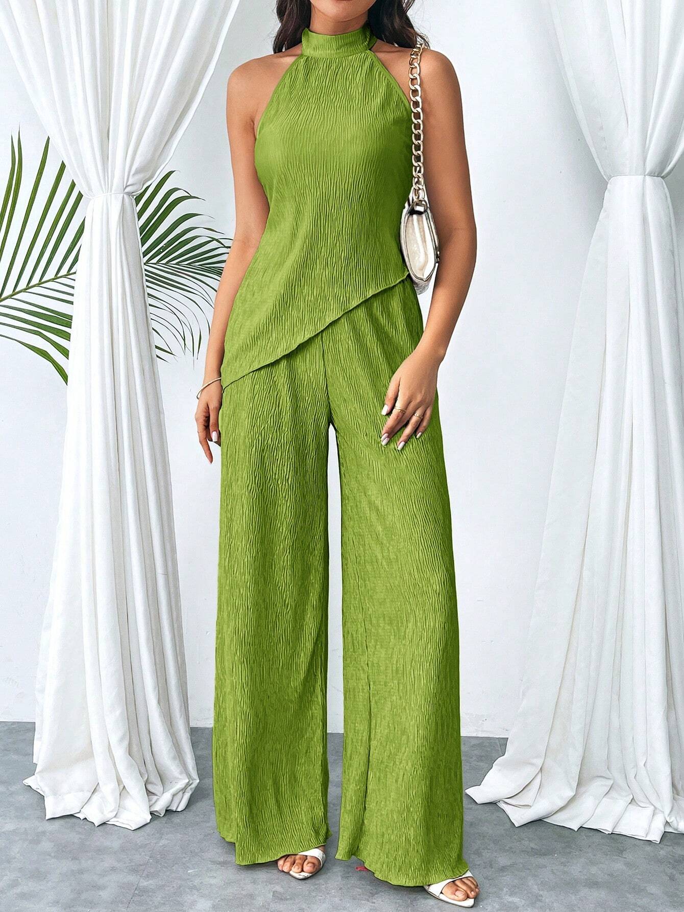 Women's Summer Halter Top With Asymmetrical Hem And High Waist Wide LegPants, Chic And Modern Daily Casual Beach Vacation Outfit, 2pcs/Set Back To School Clothes Y2k Cruise Women Outfits Vintage Clothes 90s Fashion - Image 10