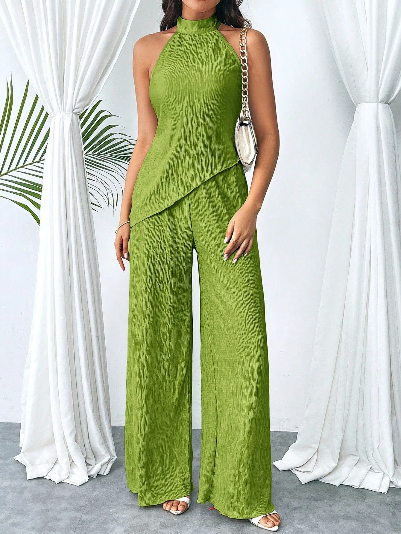 Women's Summer Halter Top With Asymmetrical Hem And High Waist Wide LegPants, Chic And Modern Daily Casual Beach Vacation Outfit, 2pcs/Set Back To School Clothes Y2k Cruise Women Outfits Vintage Clothes 90s Fashion - Image 3
