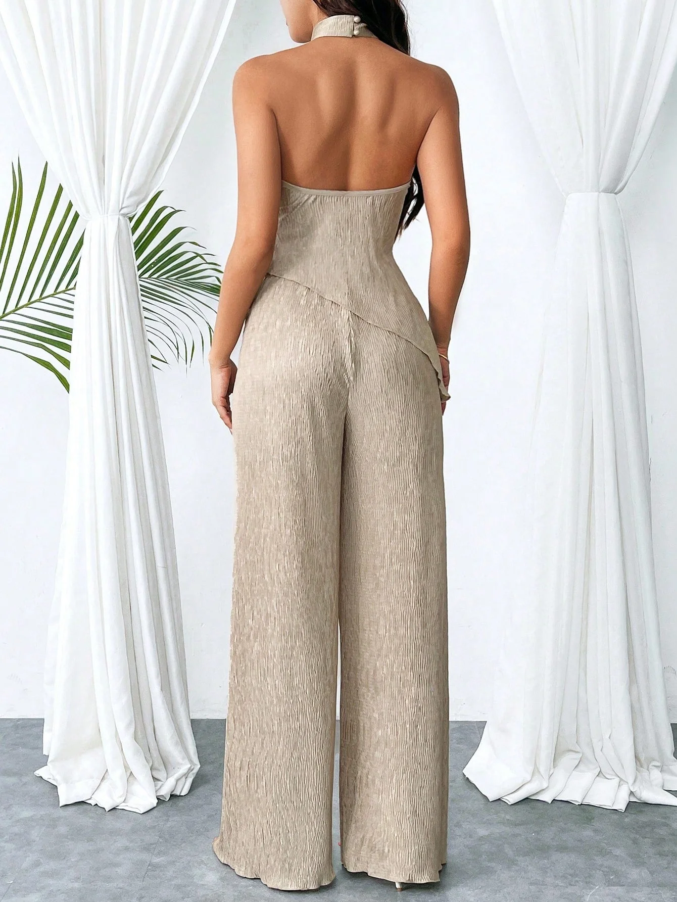 Women's Summer Halter Top With Asymmetrical Hem And High Waist Wide LegPants, Chic And Modern Daily Casual Beach Vacation Outfit, 2pcs/Set Back To School Clothes Y2k Cruise Women Outfits Vintage Clothes 90s Fashion - Image 4
