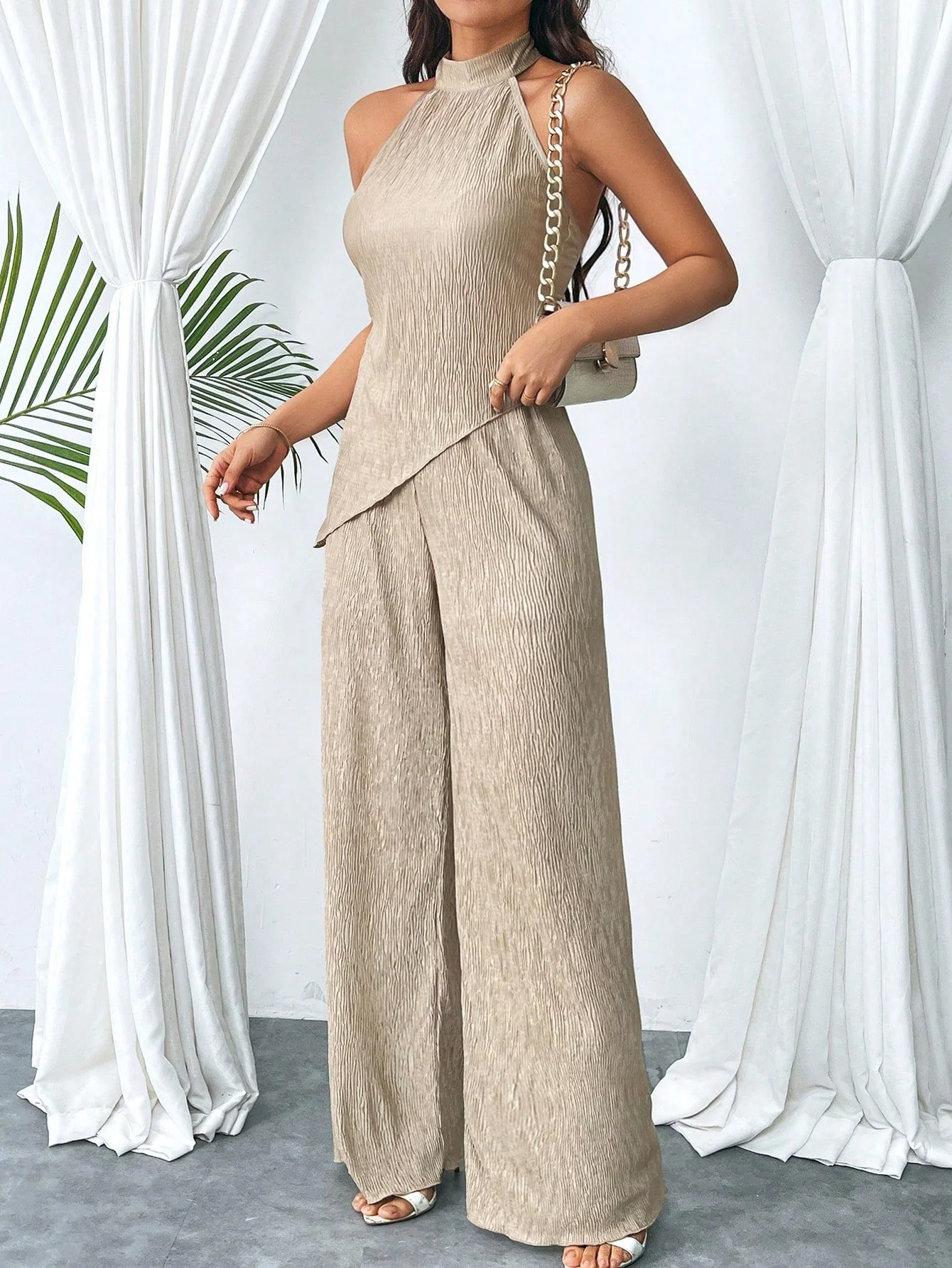 Women's Summer Halter Top With Asymmetrical Hem And High Waist Wide LegPants, Chic And Modern Daily Casual Beach Vacation Outfit, 2pcs/Set Back To School Clothes Y2k Cruise Women Outfits Vintage Clothes 90s Fashion - Image 6