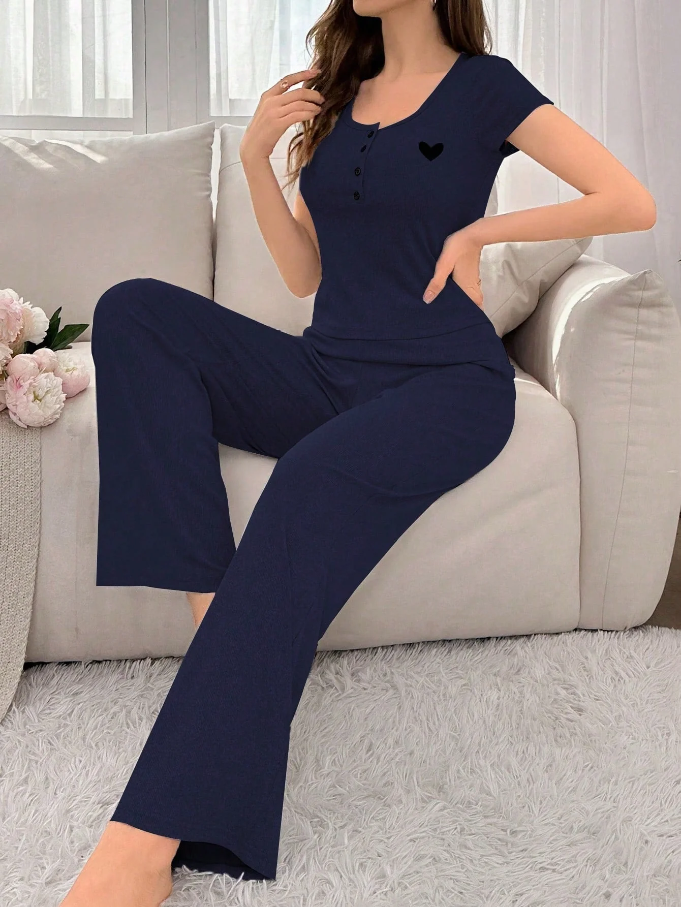 Women's Summer Heart Print Short Sleeve Long Pants Homewear Set FD - Image 3