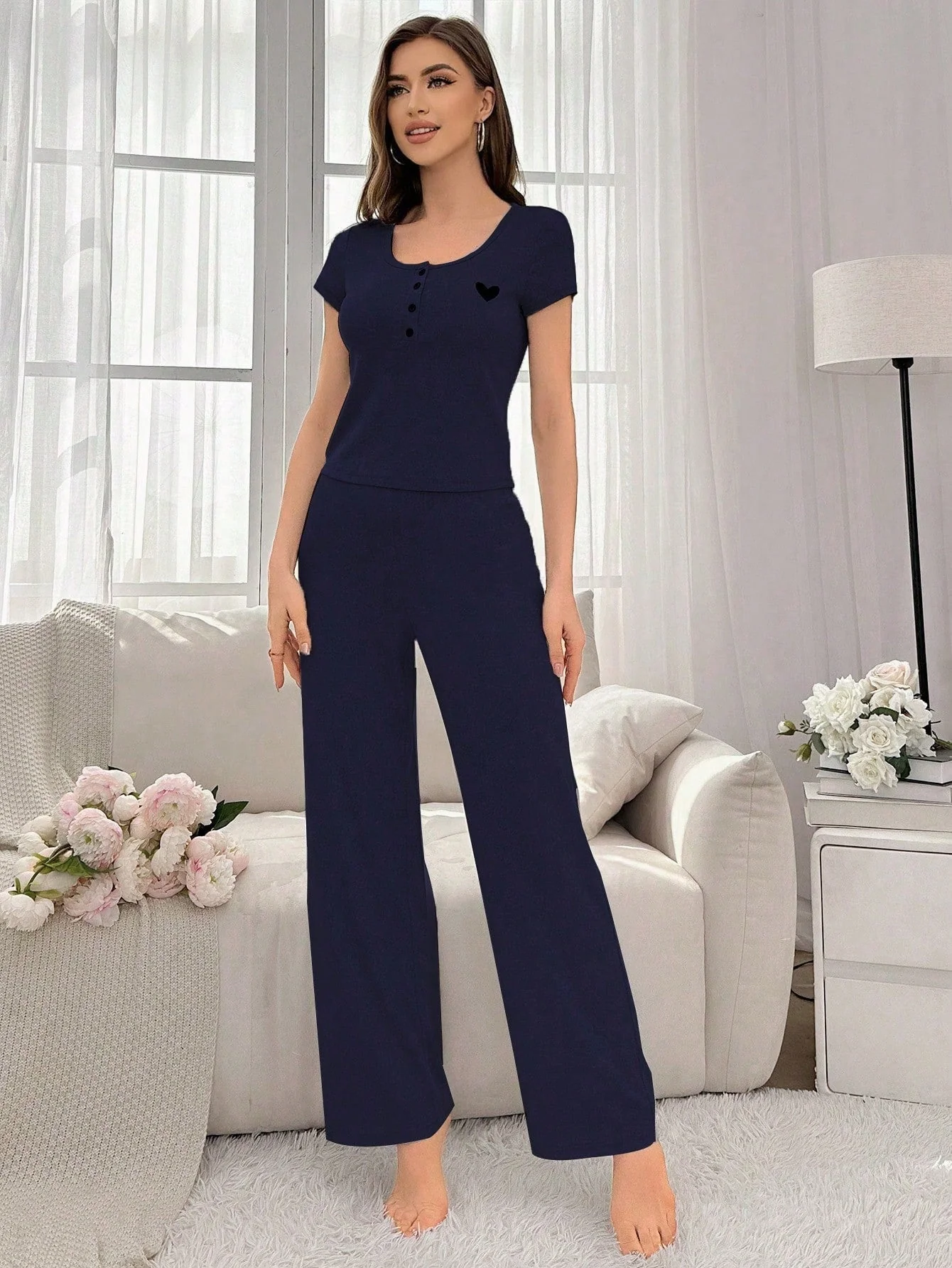 Women's Summer Heart Print Short Sleeve Long Pants Homewear Set FD - Image 5