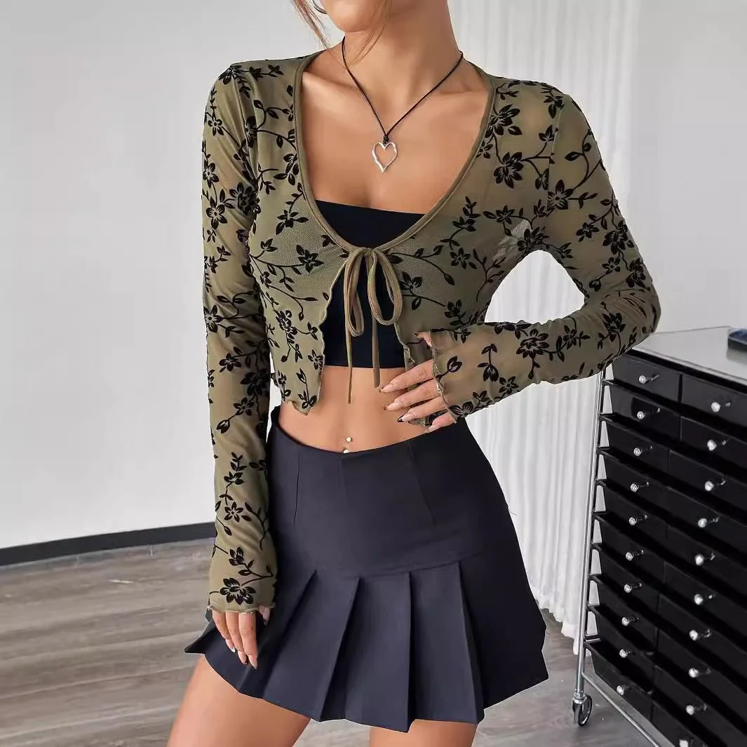 Women's transparent mesh flocking front lace-up long-sleeved top - Image 2