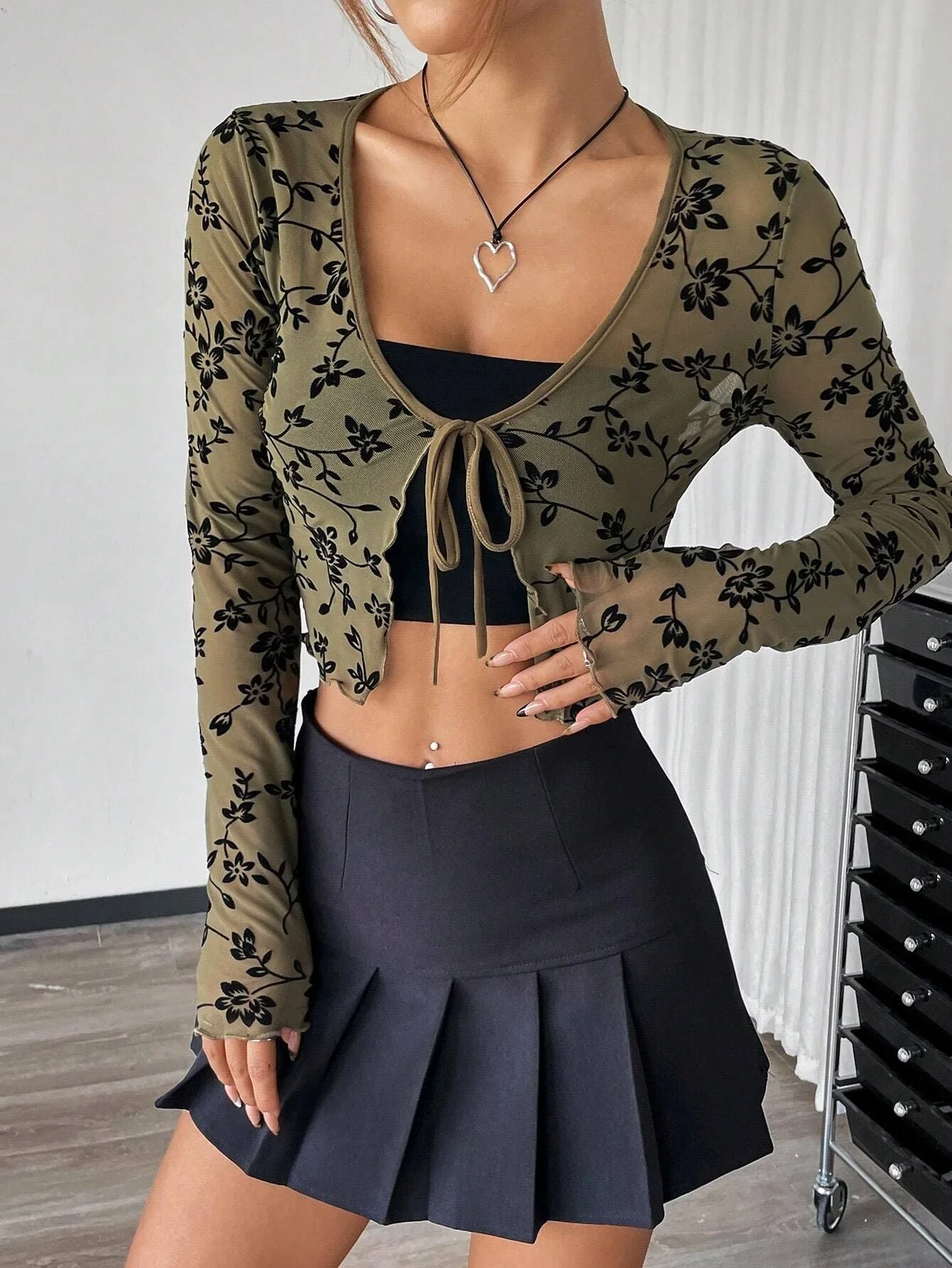 Women's transparent mesh flocking front lace-up long-sleeved top - Image 7