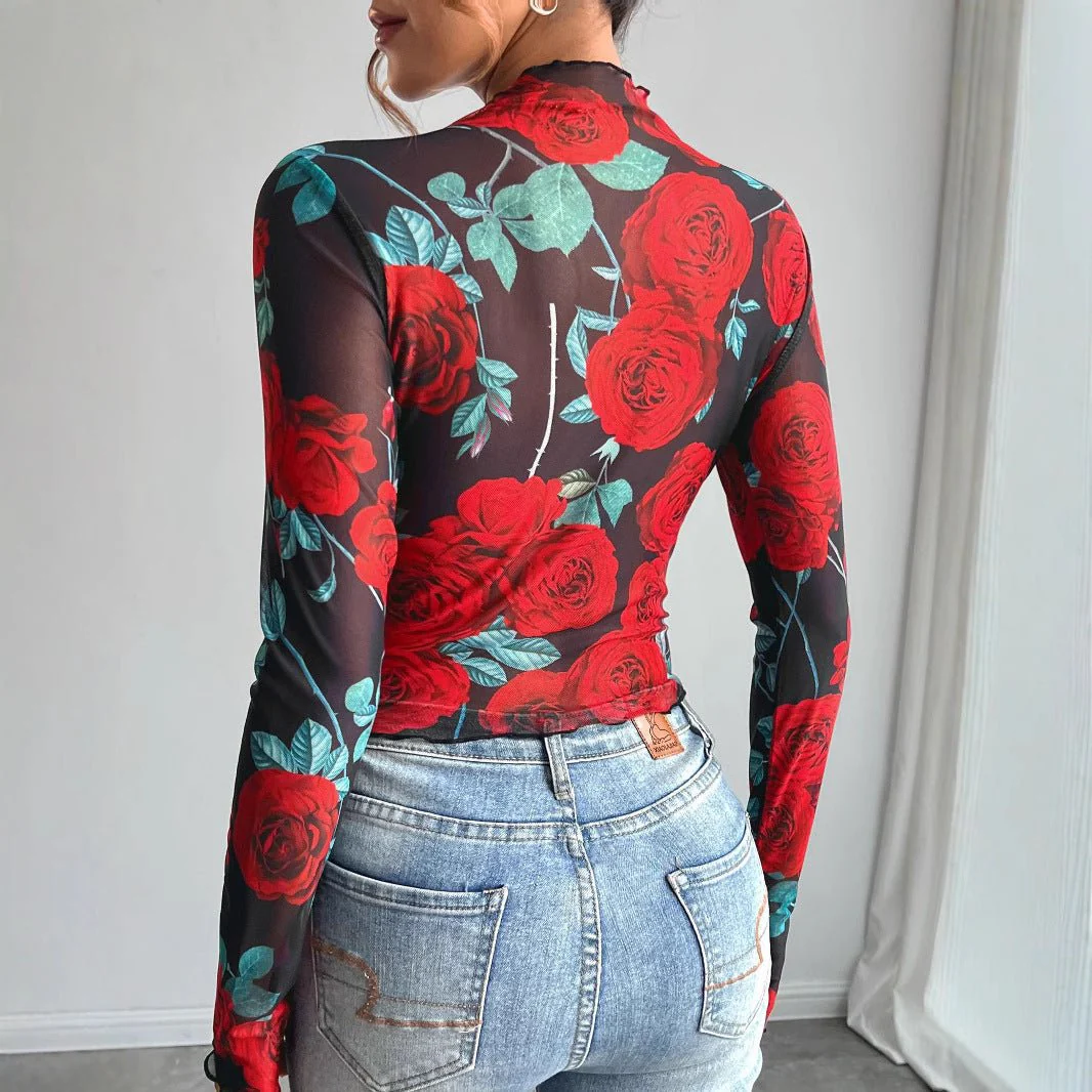 Women's transparent rose flower printing long-sleeved small stand-up collar mesh - Image 2