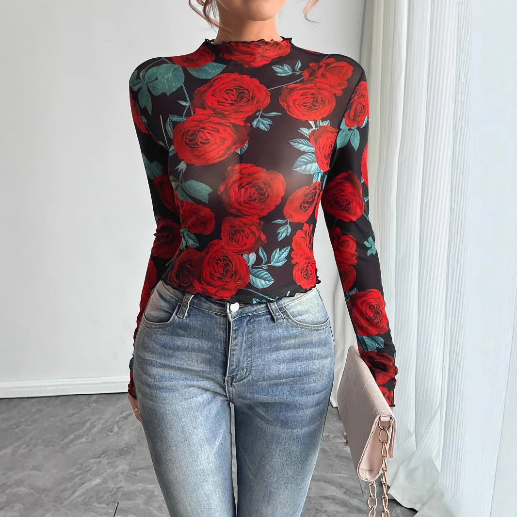 Women's transparent rose flower printing long-sleeved small stand-up collar mesh - Image 3