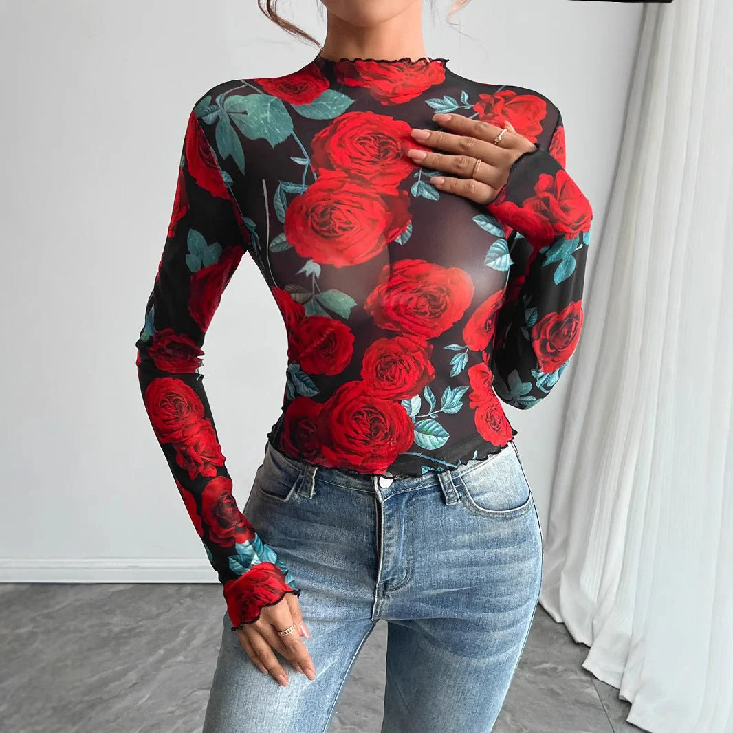 Women's transparent rose flower printing long-sleeved small stand-up collar mesh - Image 4