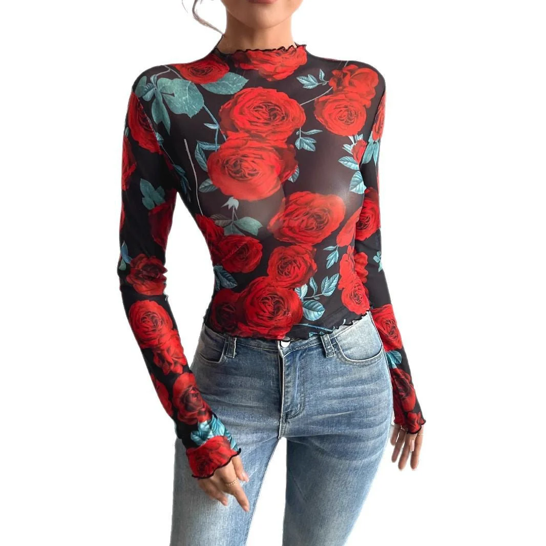 Women's transparent rose flower printing long-sleeved small stand-up collar mesh - Image 5
