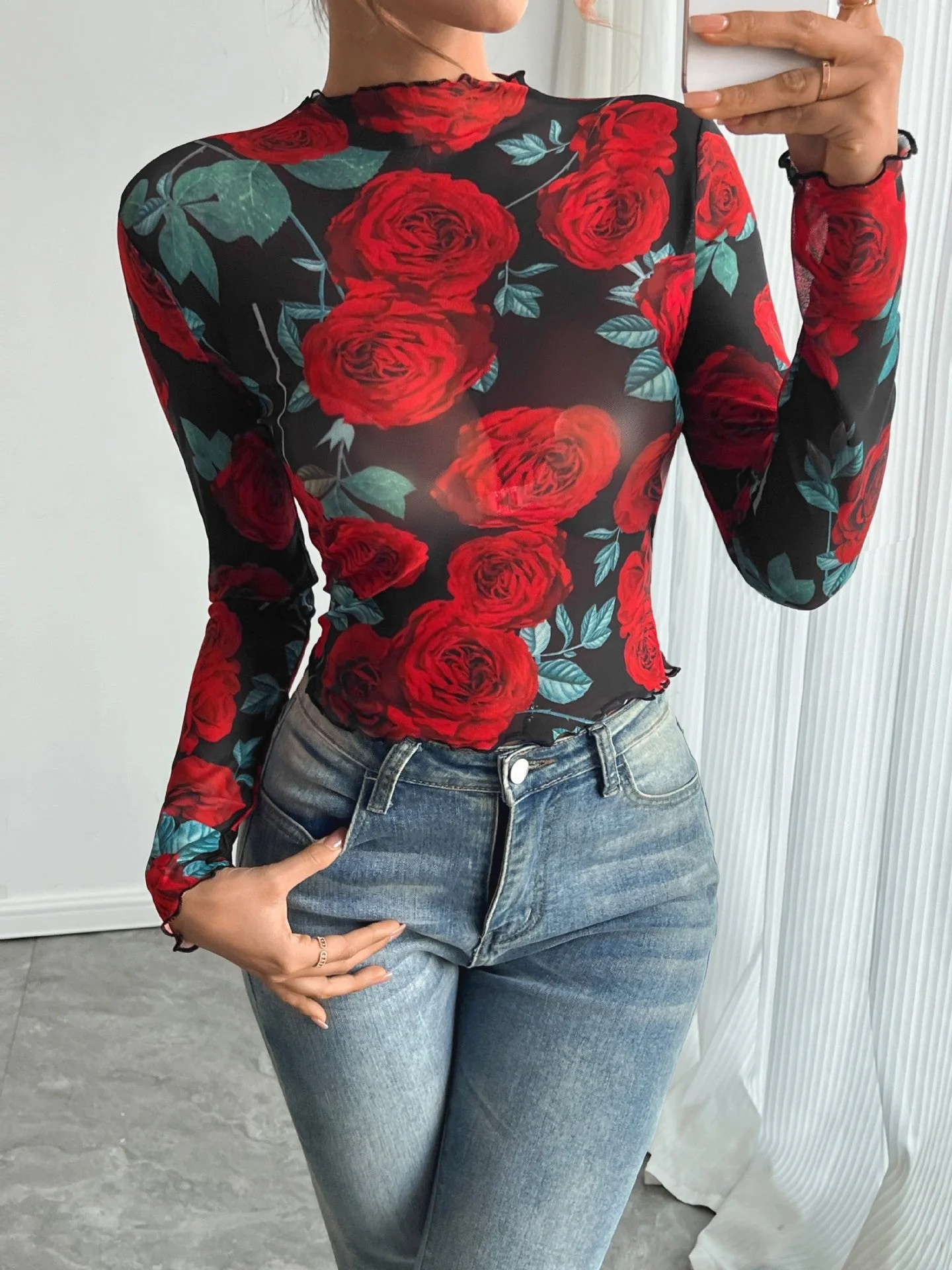 Women's transparent rose flower printing long-sleeved small stand-up collar mesh - Image 6