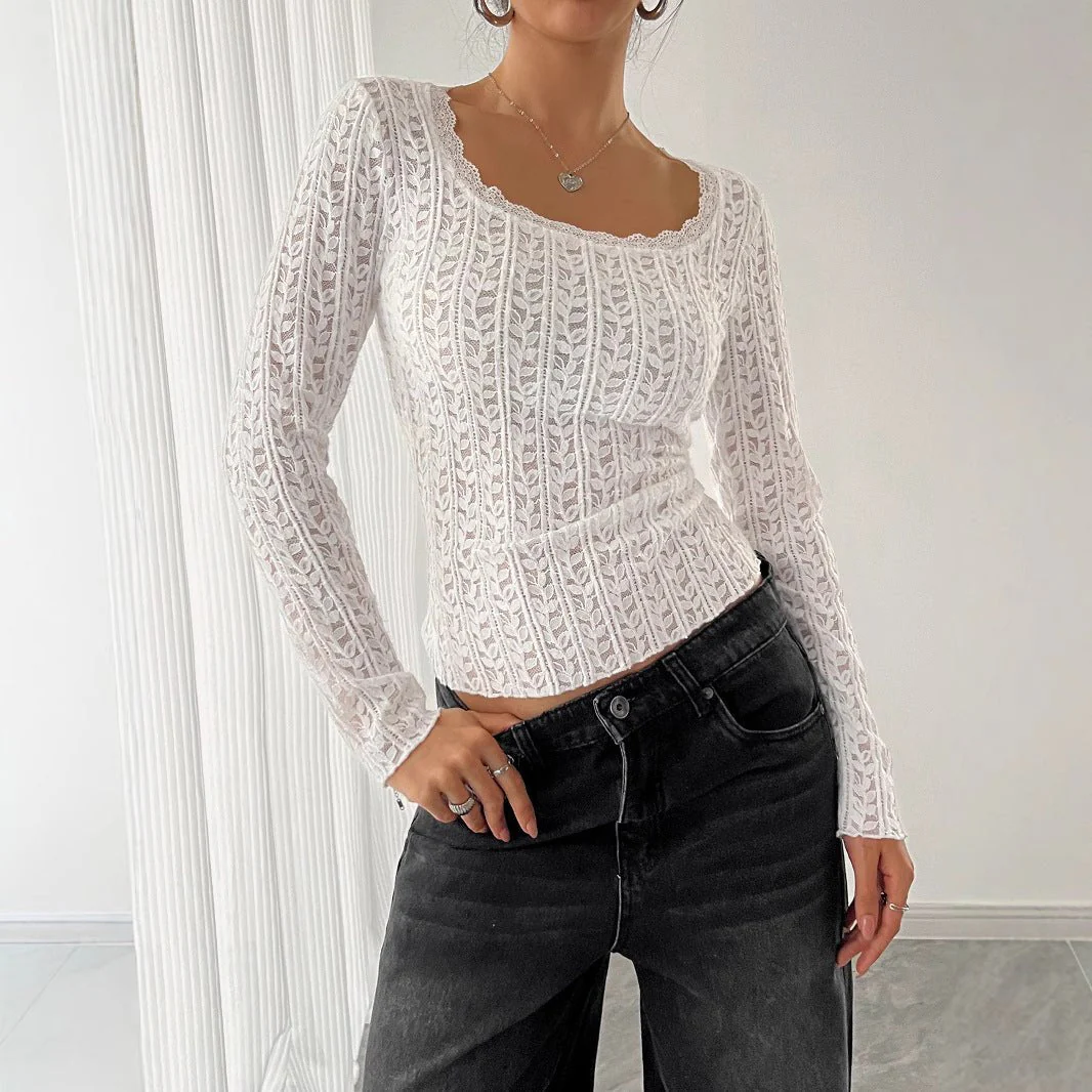 Women's U-neck long-sleeved lace trim T-shirt top women - Image 2