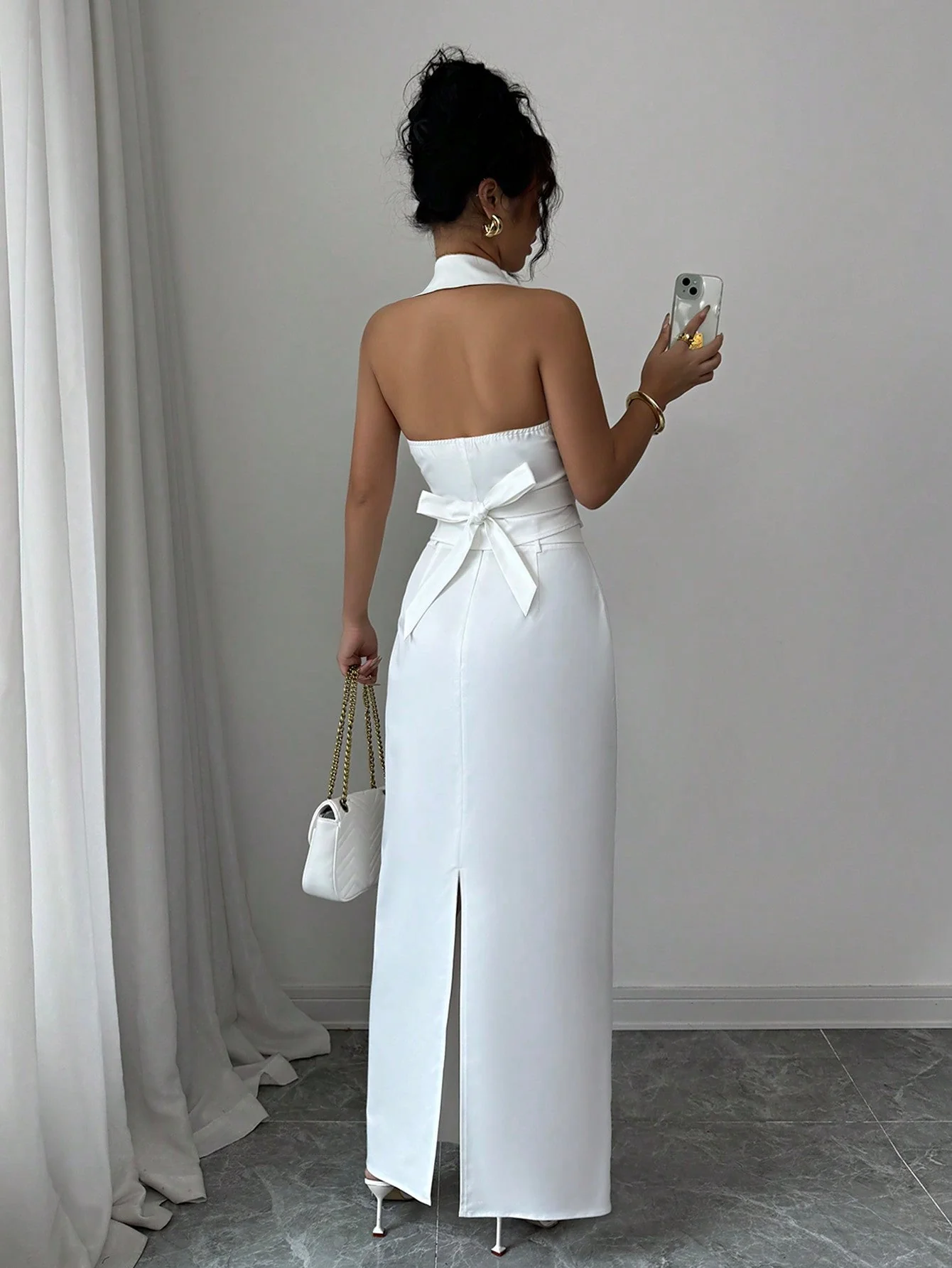 Women's V-Neck Blazer Collar Faux Pocket Elegant Slim-Fit Sheath Dress 2 Pieces Set, Office Wear, Spring/Summer - Image 2