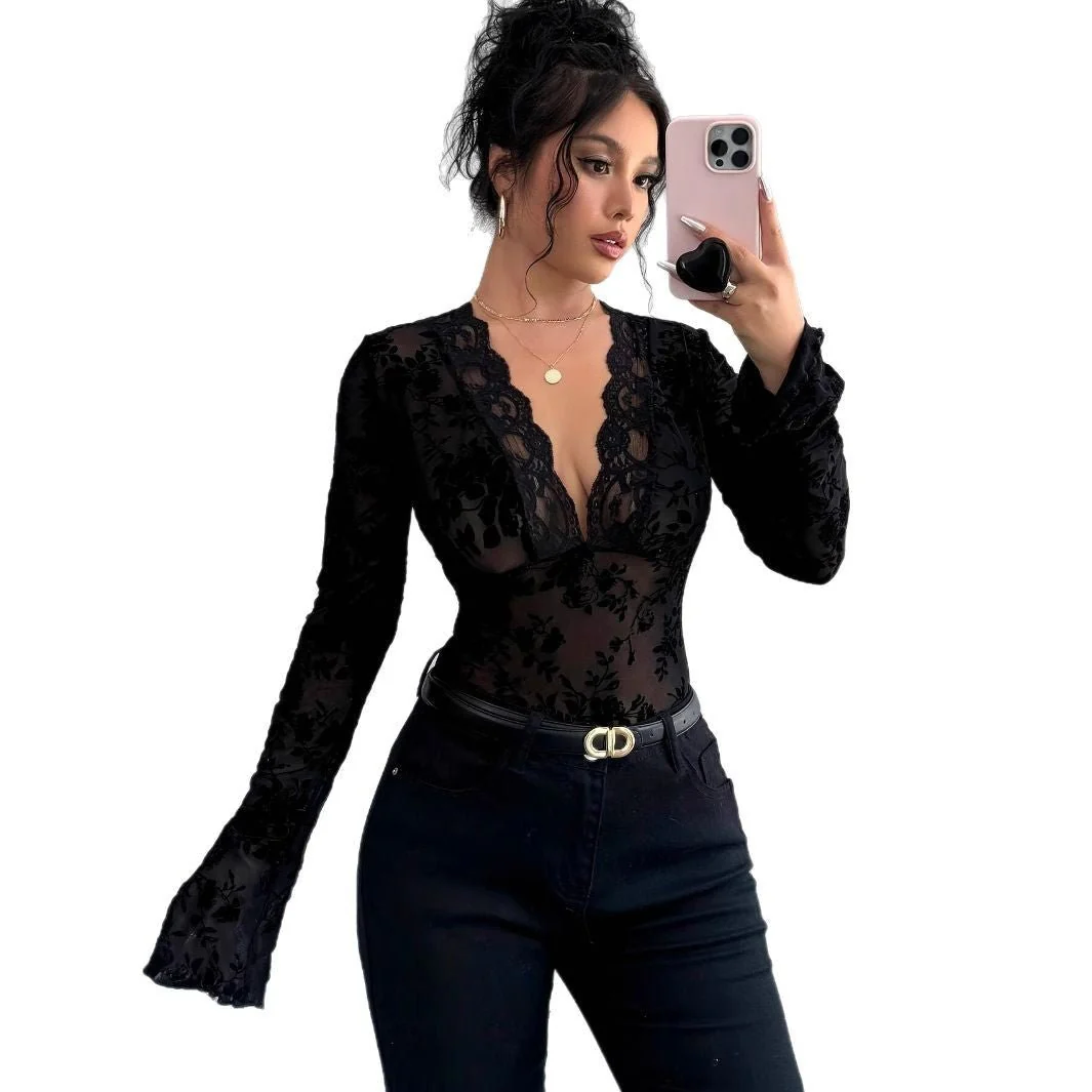 Women's V-neck lace mesh horn sleeve T-shirt top women - Image 5