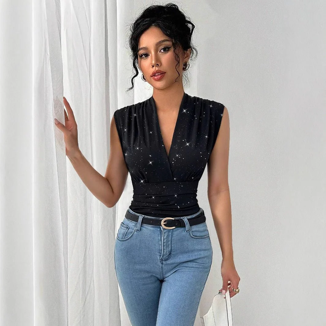 Women's V-neck shiny sequined decorative sleeveless top - Image 2