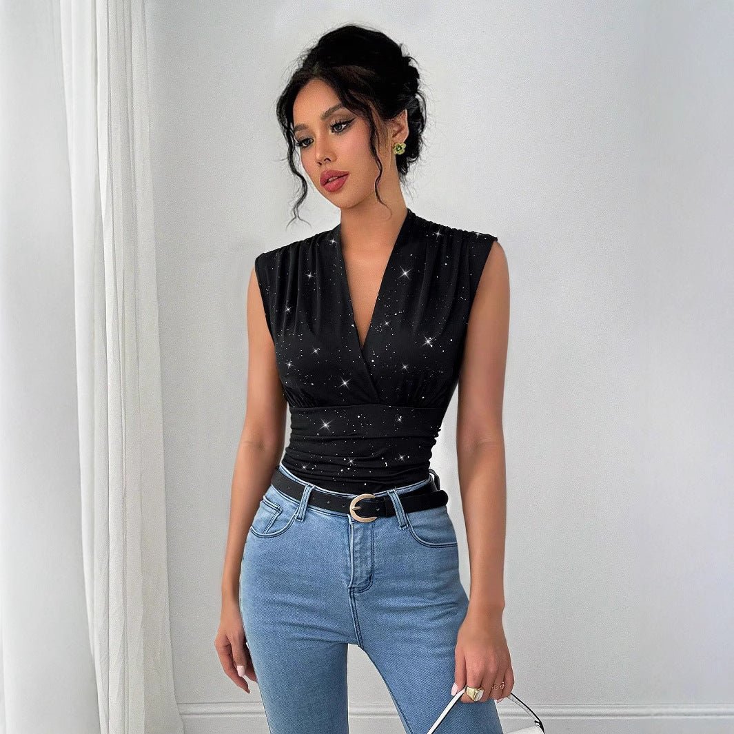 Women's V-neck shiny sequined decorative sleeveless top - Image 3