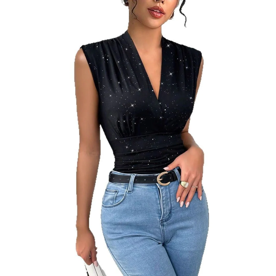 Women's V-neck shiny sequined decorative sleeveless top - Image 5