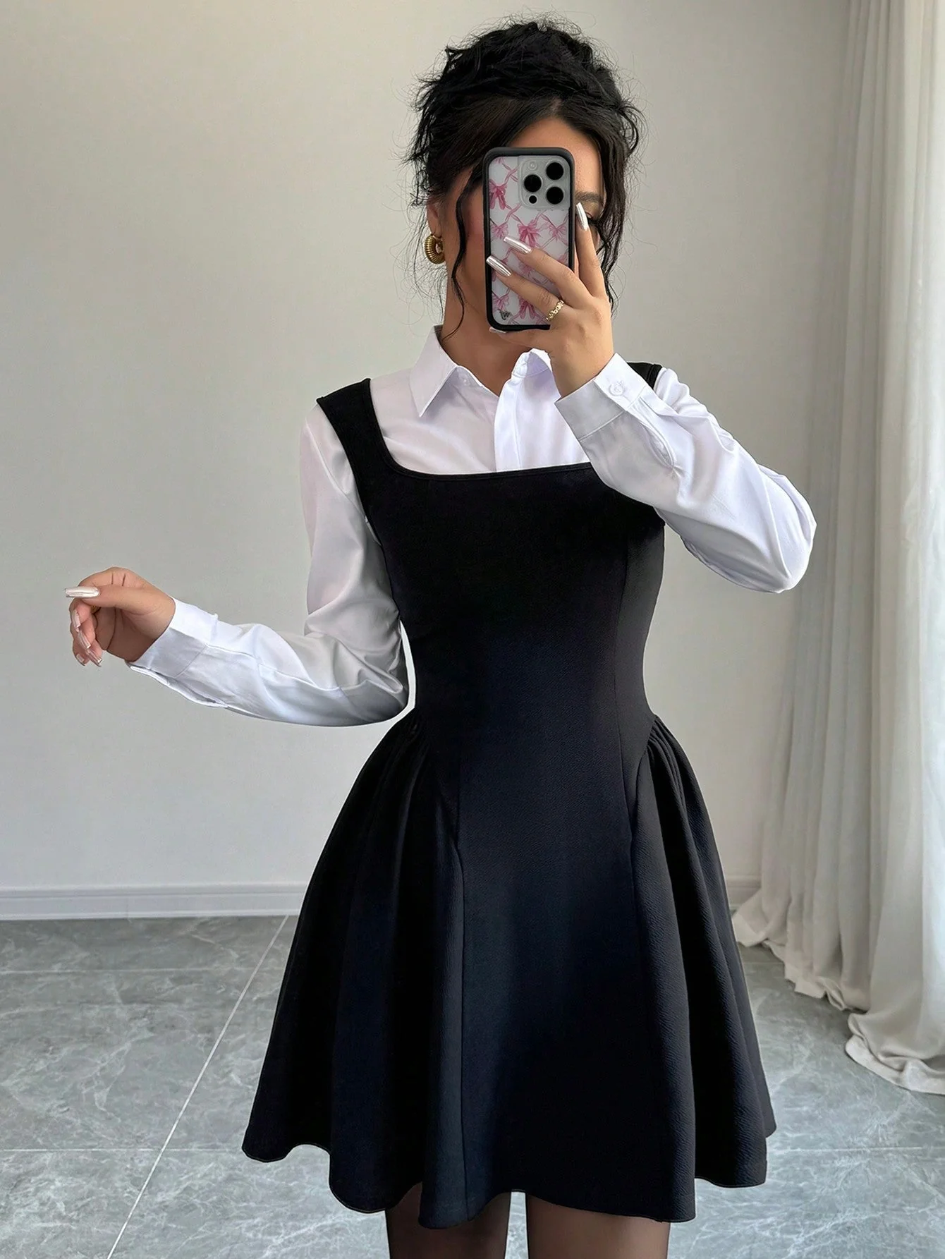 Women's V-Neck Sleeveless Dress, Ruched Hem A-Line Design, High Stretch Textured Fabric, Solid Color, Chic Commuting Daily Casual Versatile Waist-Cinched Slimming Spring Summer Fall Winter Elegant Refined