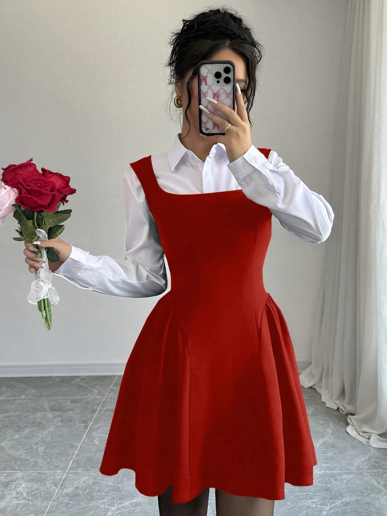 Women's V-Neck Sleeveless Dress, Ruched Hem A-Line Design, High Stretch Textured Fabric, Solid Color, Chic Commuting Daily Casual Versatile Waist-Cinched Slimming Spring Summer Fall Winter Elegant Refined - Image 12