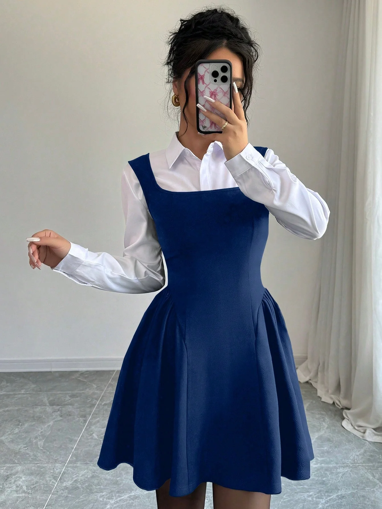Women's V-Neck Sleeveless Dress, Ruched Hem A-Line Design, High Stretch Textured Fabric, Solid Color, Chic Commuting Daily Casual Versatile Waist-Cinched Slimming Spring Summer Fall Winter Elegant Refined - Image 2