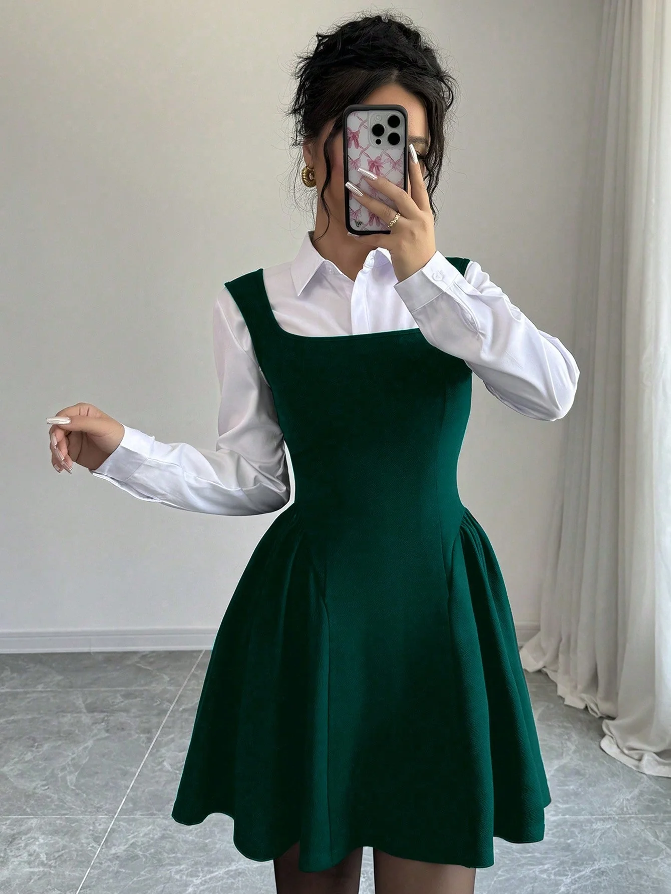 Women's V-Neck Sleeveless Dress, Ruched Hem A-Line Design, High Stretch Textured Fabric, Solid Color, Chic Commuting Daily Casual Versatile Waist-Cinched Slimming Spring Summer Fall Winter Elegant Refined - Image 3