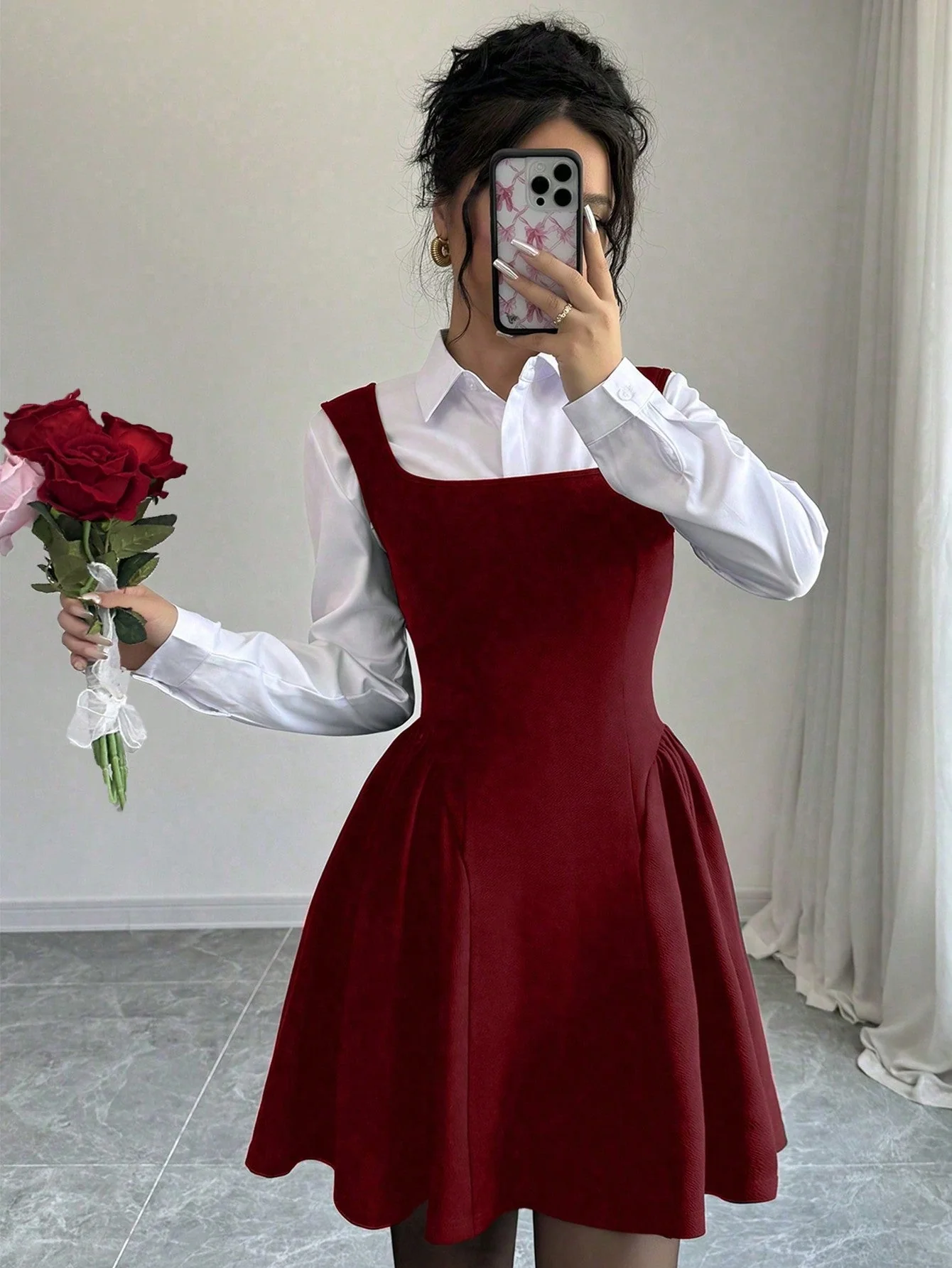 Women's V-Neck Sleeveless Dress, Ruched Hem A-Line Design, High Stretch Textured Fabric, Solid Color, Chic Commuting Daily Casual Versatile Waist-Cinched Slimming Spring Summer Fall Winter Elegant Refined - Image 4